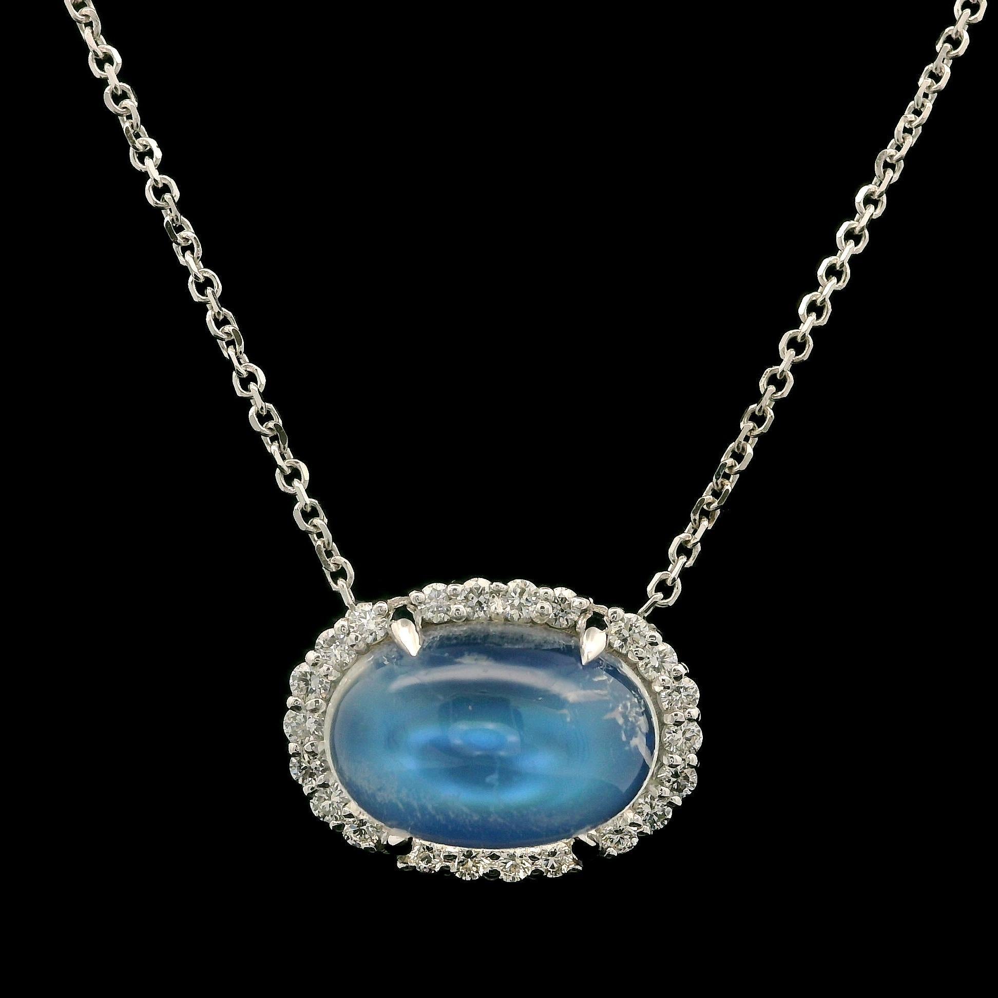 New 18k White Gold 5.14ctw Cabochon Moonstone w/ Diamond Halo Pendant Necklace For Sale 1