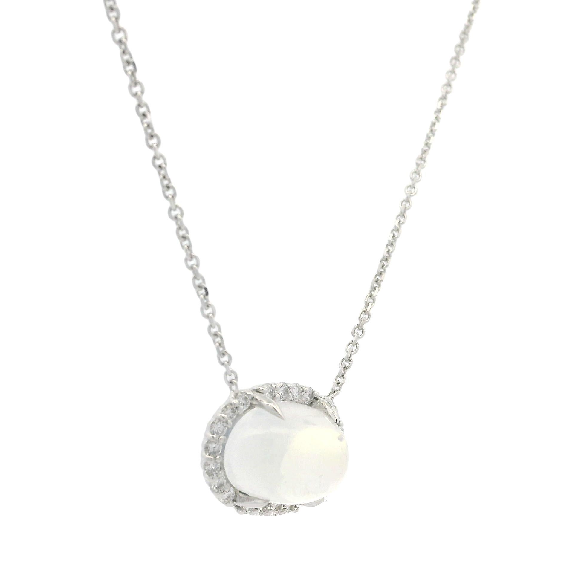 New 18k White Gold 5.14ctw Cabochon Moonstone w/ Diamond Halo Pendant Necklace For Sale 3