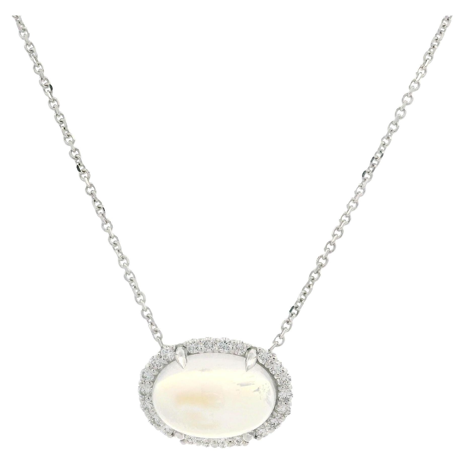 New 18k White Gold 5.14ctw Cabochon Moonstone w/ Diamond Halo Pendant Necklace