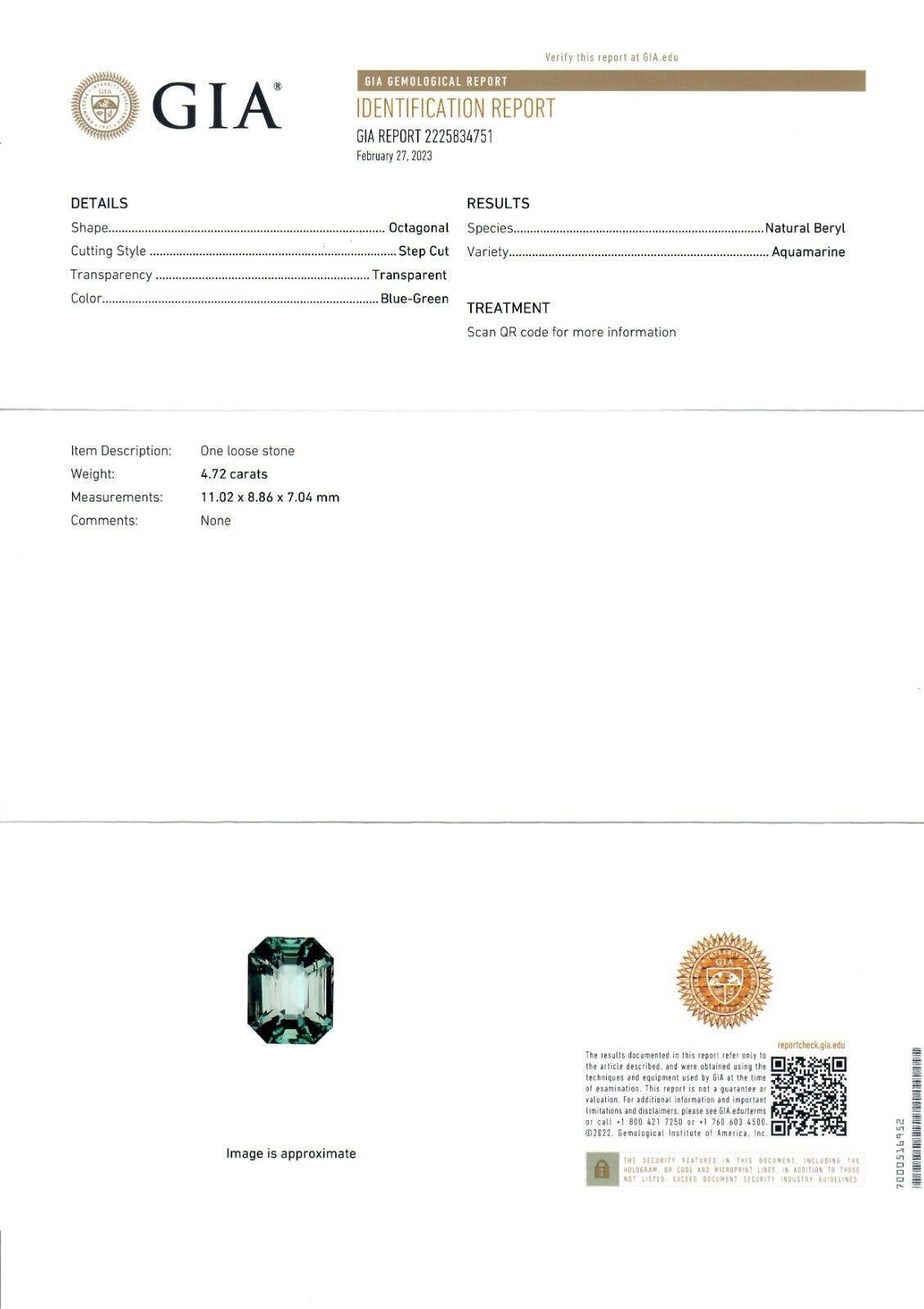 18 Karat Weißgold 5,31 Karat GIA Smaragdschliff Blau Grün Aquamarin & Diamant Ring 7