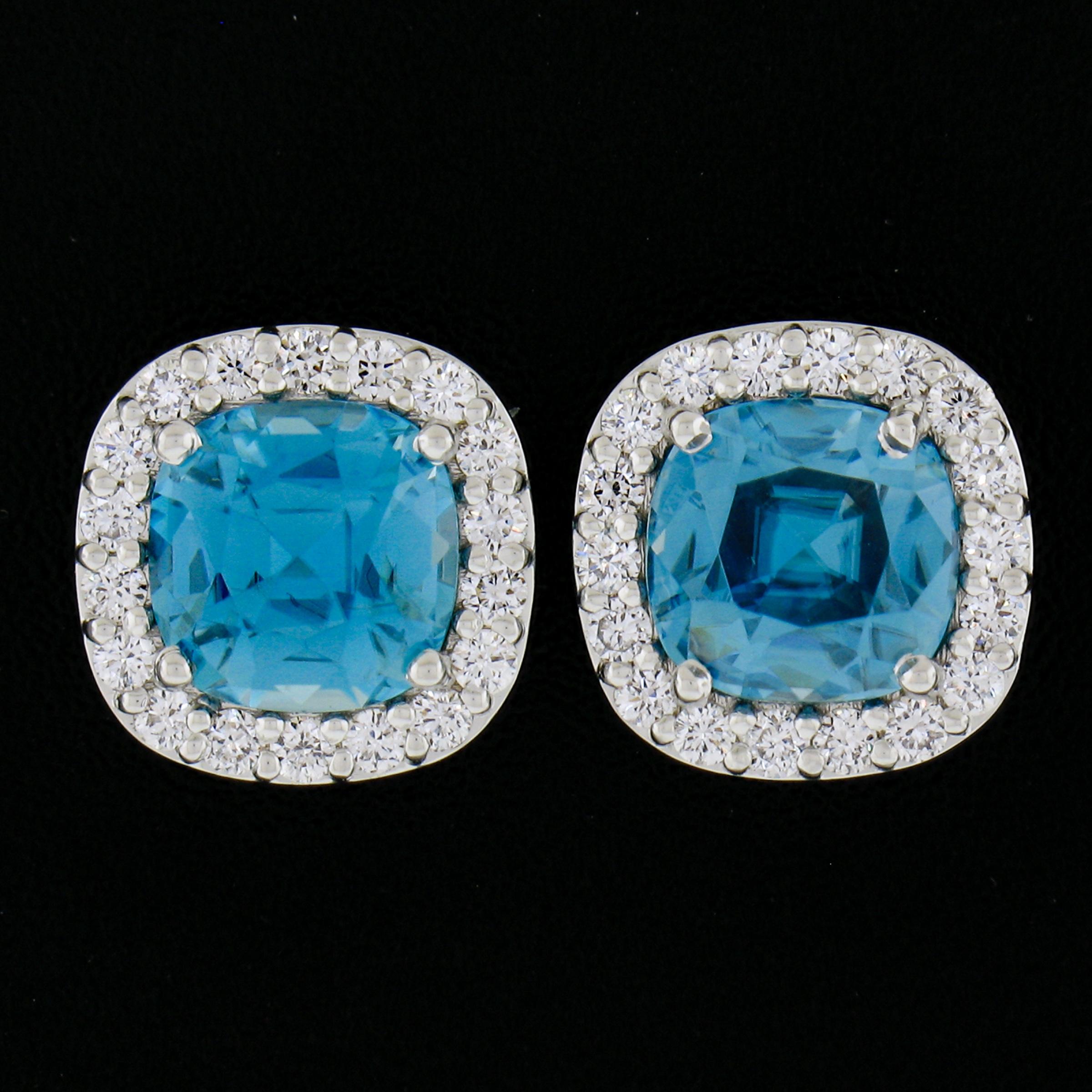 New 18k White Gold 5.61ctw Cushion Cut Blue Zircon & Diamond Halo Stud Earrings In New Condition For Sale In Montclair, NJ