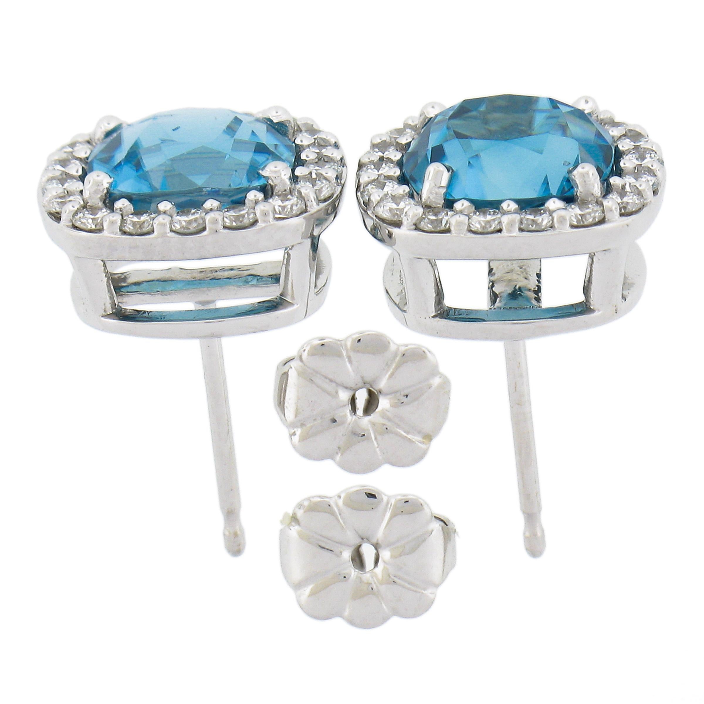 New 18k White Gold 5.61ctw Cushion Cut Blue Zircon & Diamond Halo Stud Earrings For Sale 1