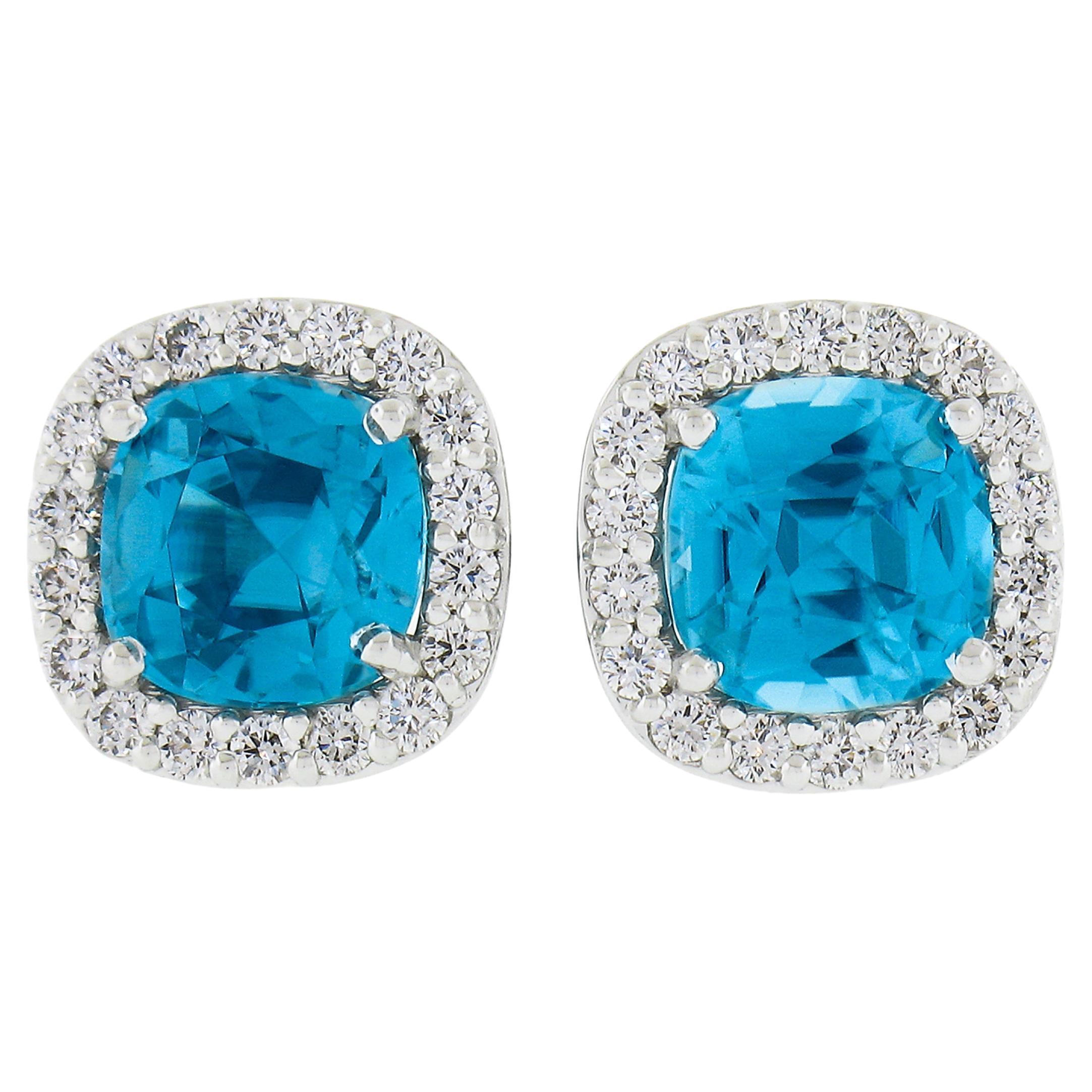 New 18k White Gold 5.61ctw Cushion Cut Blue Zircon & Diamond Halo Stud Earrings For Sale