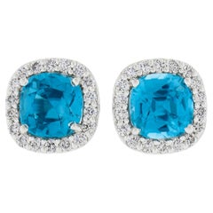 New 18k White Gold 5.61ctw Cushion Cut Blue Zircon & Diamond Halo Stud Earrings