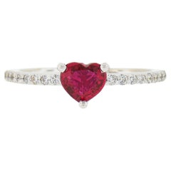 NEW 18k White Gold .95ct GIA NO HEAT Heart Ruby w/ Diamond Sides Engagement Ring
