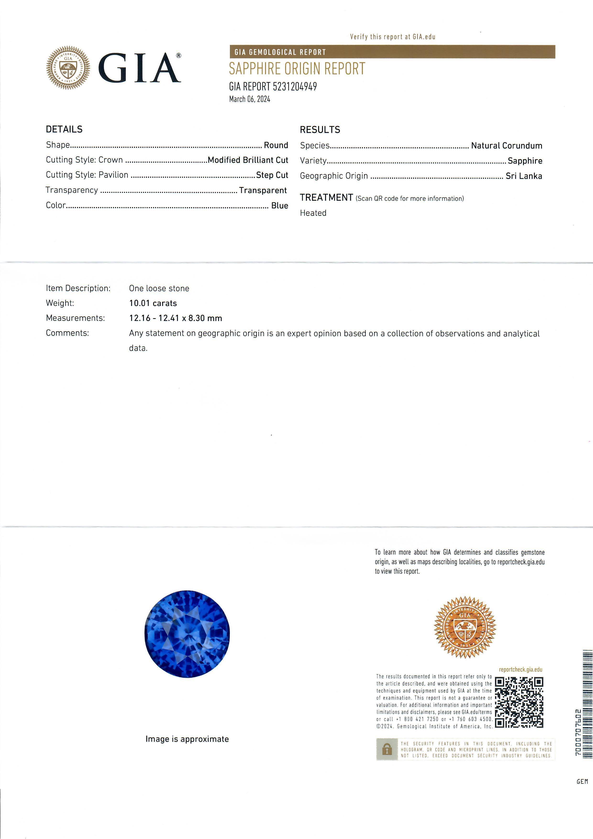 --Stone(s):--
(1) Natural Genuine Sapphire - Round Brilliant Cut - Prong Set - Blue Color w/ Flashed of Violet Brilliant! - Heated -10.01ct (exact - certified)
** See Certification Details Below for Complete Info **
(60) Natural Genuine Diamonds -