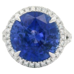 New 18k White Gold GIA 10.74ctw Large Round Sapphire Diamond Halo Split Ring