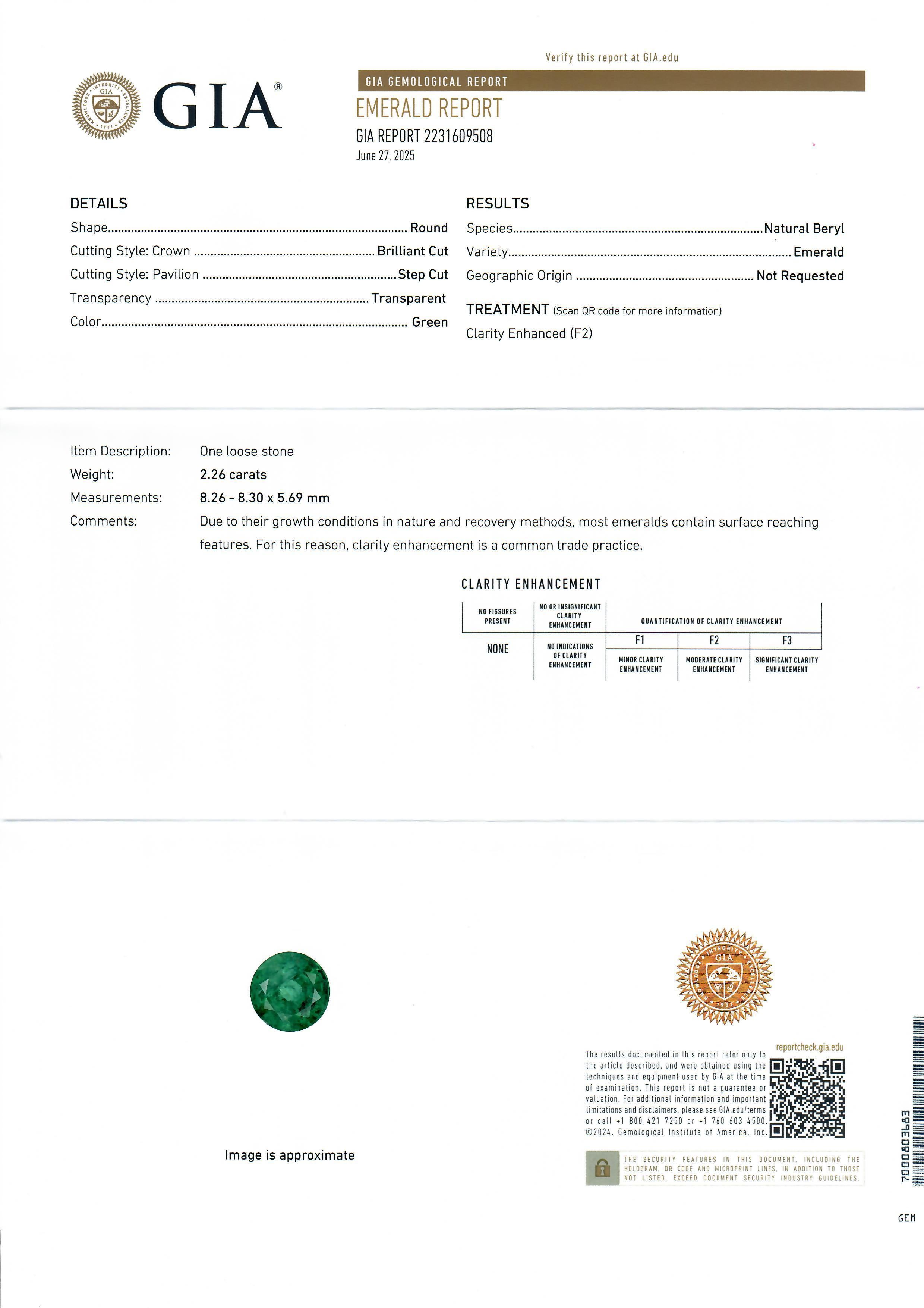 --Stein(e):--
(1) Natürlicher echter Smaragd - runder Brillantschliff - Zackenfassung - schöne grüne Farbe - 2,26ct (genau)
** Vollständige Informationen siehe unten unter 