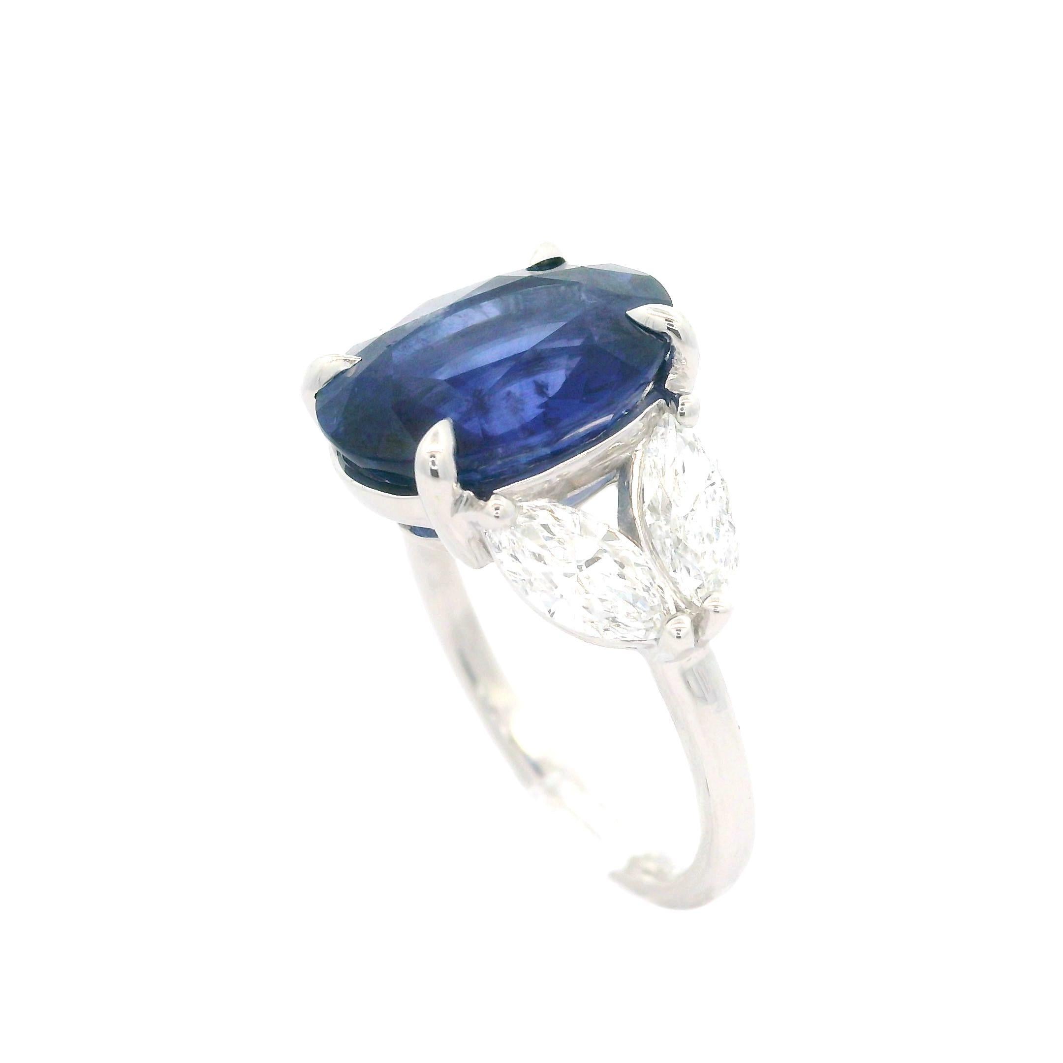 New 18k White Gold GIA 7.91ctw Oval Sapphire & Marquise Diamond Elegant Ring For Sale 6