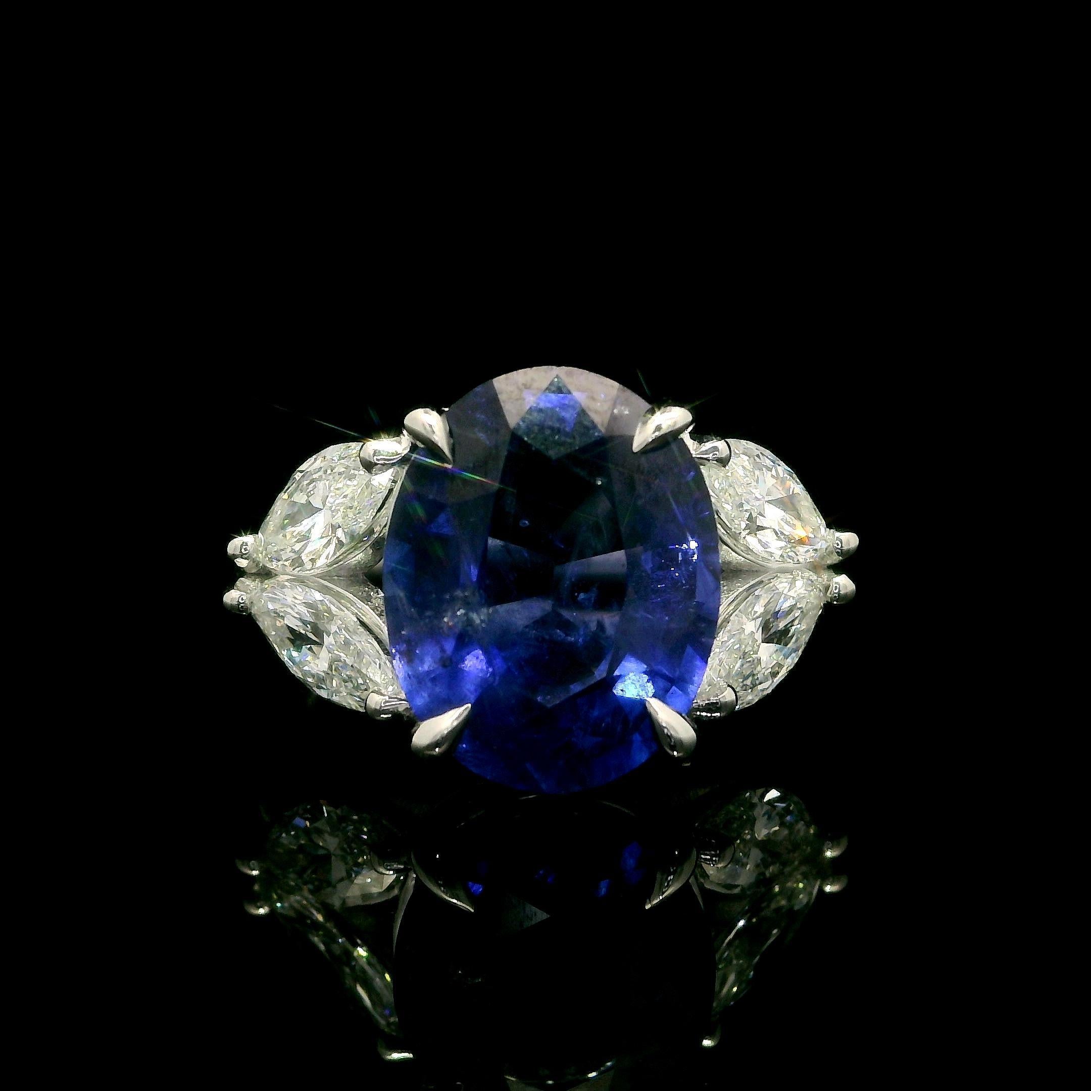 New 18k White Gold GIA 7.91ctw Oval Sapphire & Marquise Diamond Elegant Ring For Sale 7