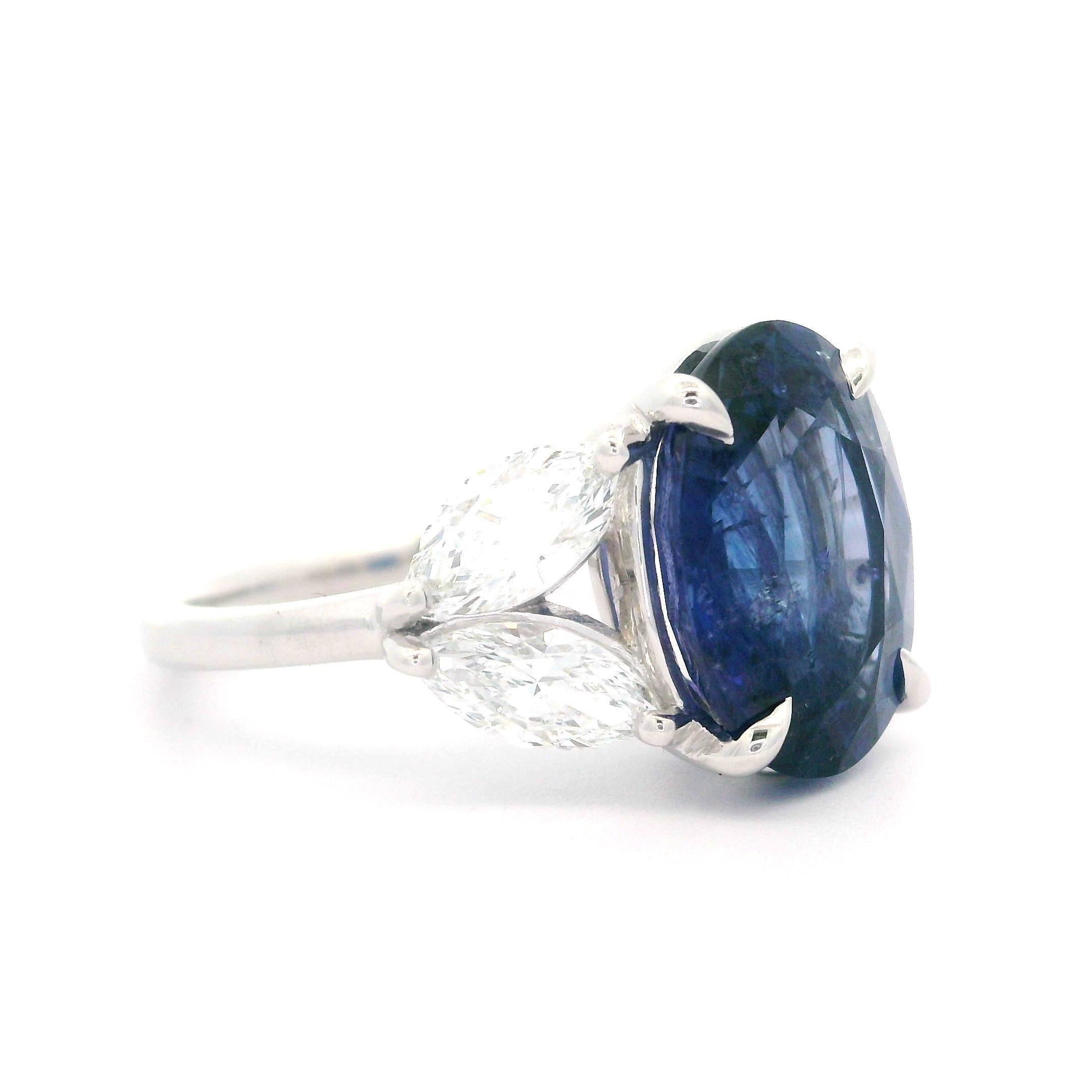 New 18k White Gold GIA 7.91ctw Oval Sapphire & Marquise Diamond Elegant Ring For Sale 12