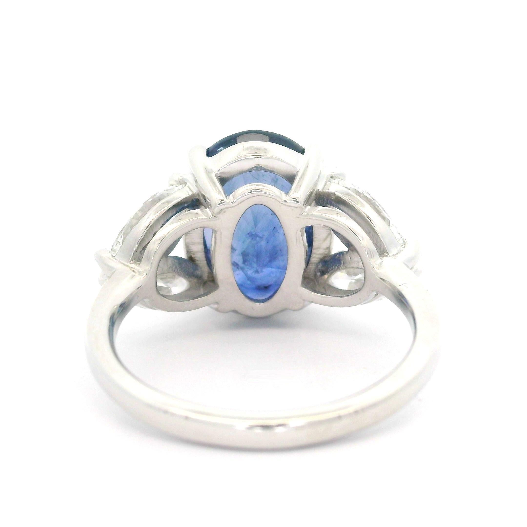 New 18k White Gold GIA 7.91ctw Oval Sapphire & Marquise Diamond Elegant Ring For Sale 3