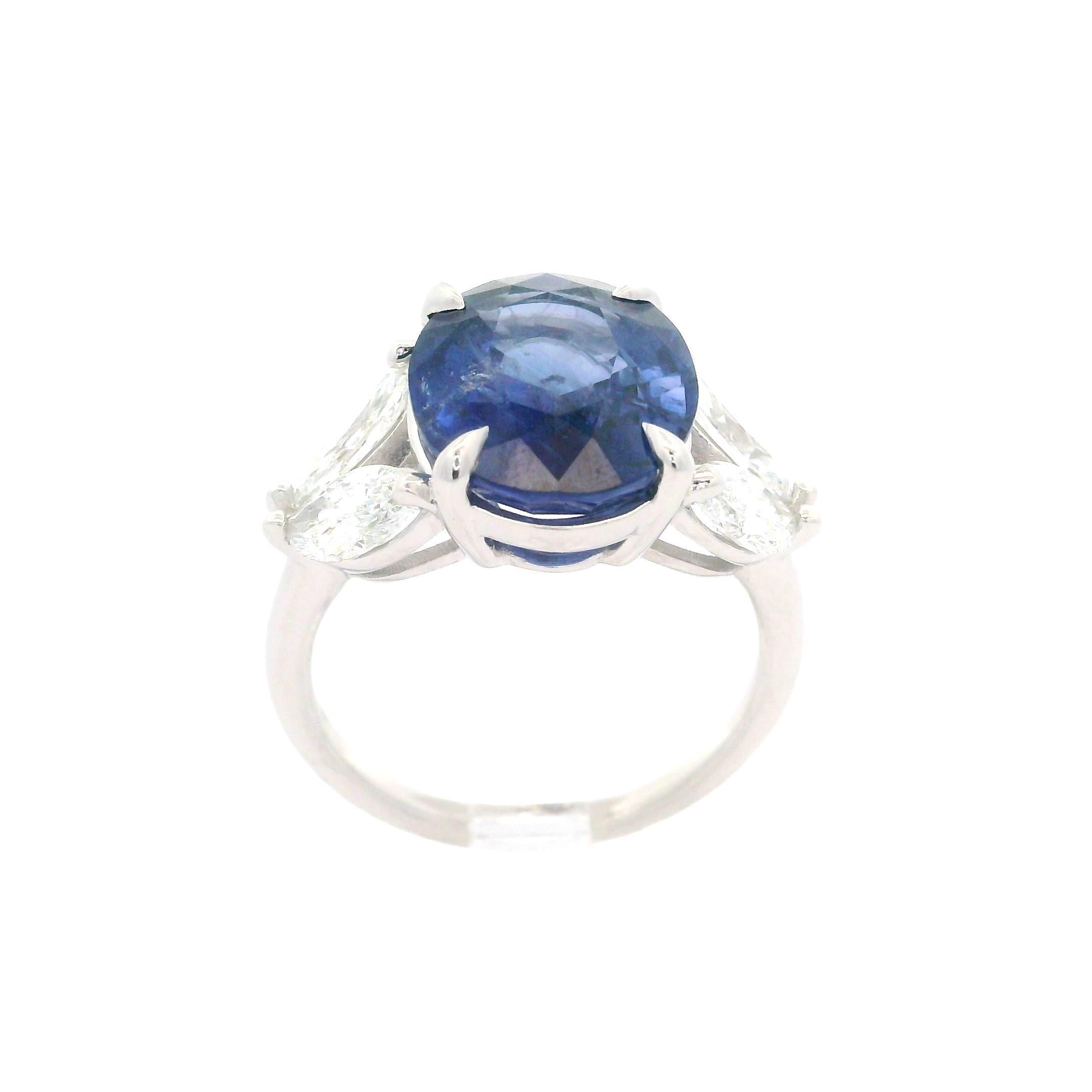 New 18k White Gold GIA 7.91ctw Oval Sapphire & Marquise Diamond Elegant Ring For Sale 4
