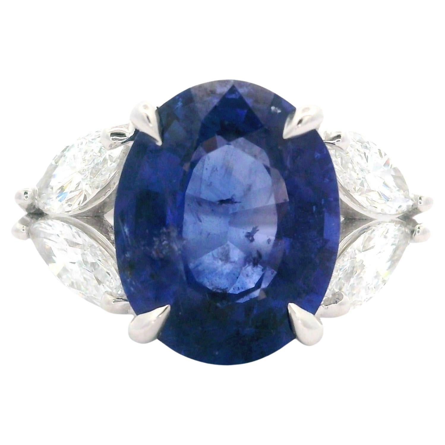 New 18k White Gold GIA 7.91ctw Oval Sapphire & Marquise Diamond Elegant Ring