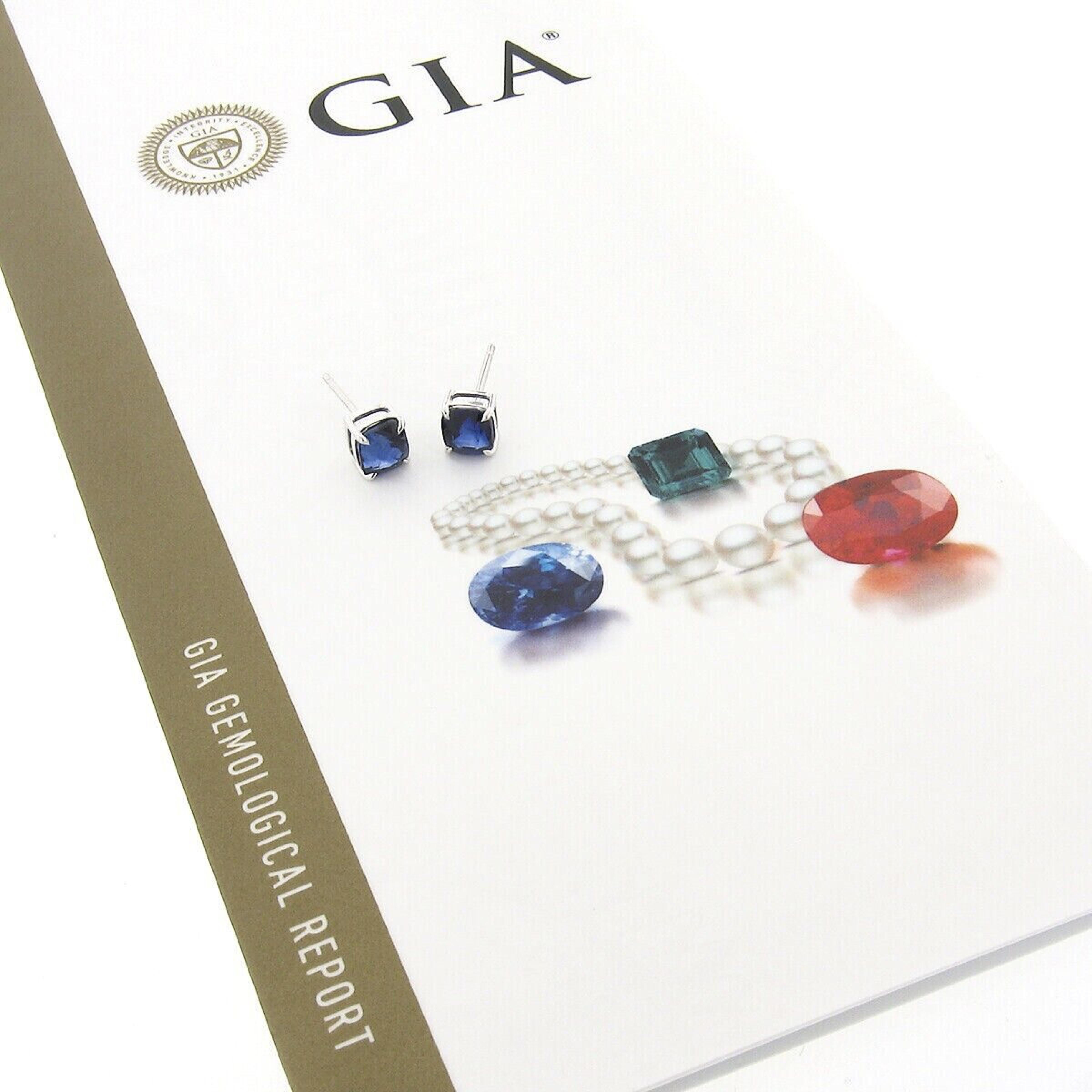 New 18K White Gold GIA Cushion Brilliant Prong Royal Blue Sapphire Stud Earrings For Sale 1