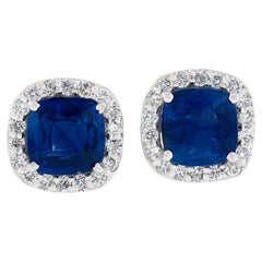 New 18K White Gold GIA Cushion Royal Blue Sapphire & Diamond Halo Stud Earrings