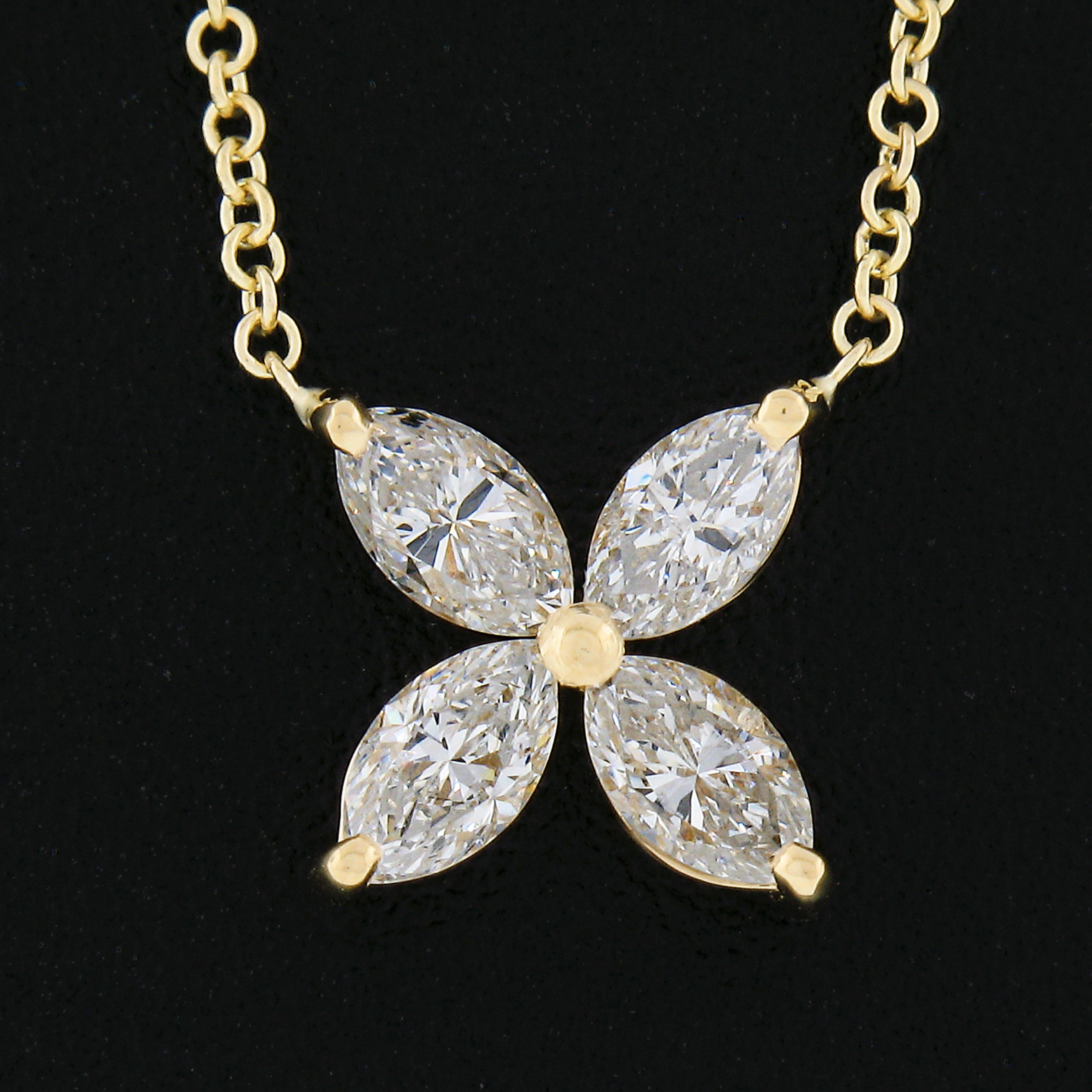 Marquise Cut New 18k Yellow Gold 0.56ct Marquise Diamond Flower Butterfly Pendant Necklace For Sale