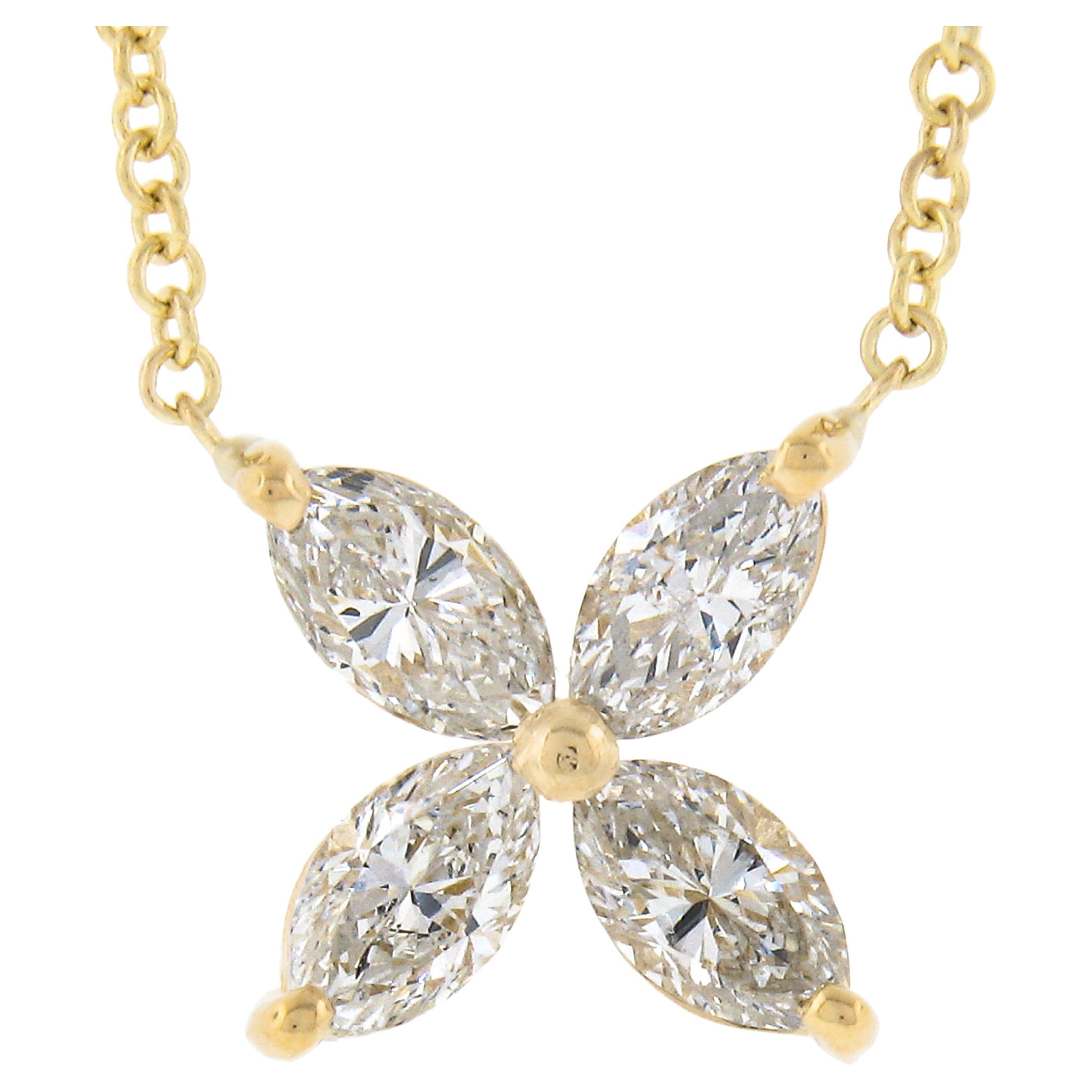 New 18k Yellow Gold 0.56ct Marquise Diamond Flower Butterfly Pendant Necklace For Sale
