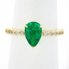 New 18K Yellow Gold 1.88ct SSEF Pear Emerald Solitaire & Diamond Engagement Ring
