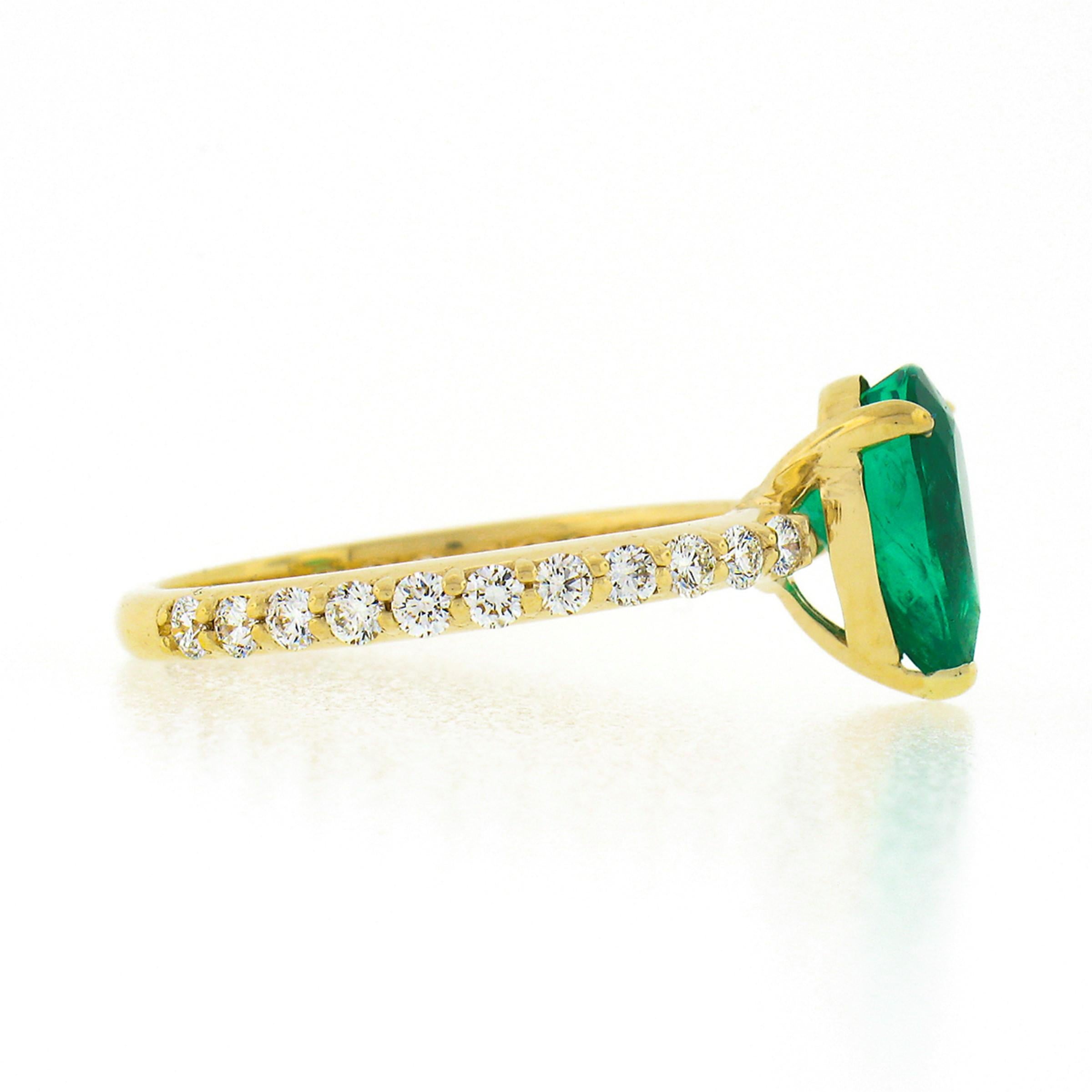 Pear Cut New 18K Yellow Gold 1.88ct SSEF Pear Emerald Solitaire & Diamond Engagement Ring For Sale