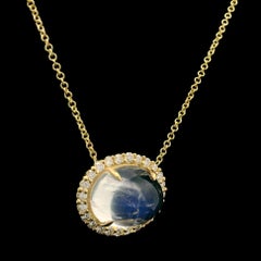 New 18k Yellow Gold 5.21ctw Cabochon Moonstone w/ Diamond Halo Pendant Necklace