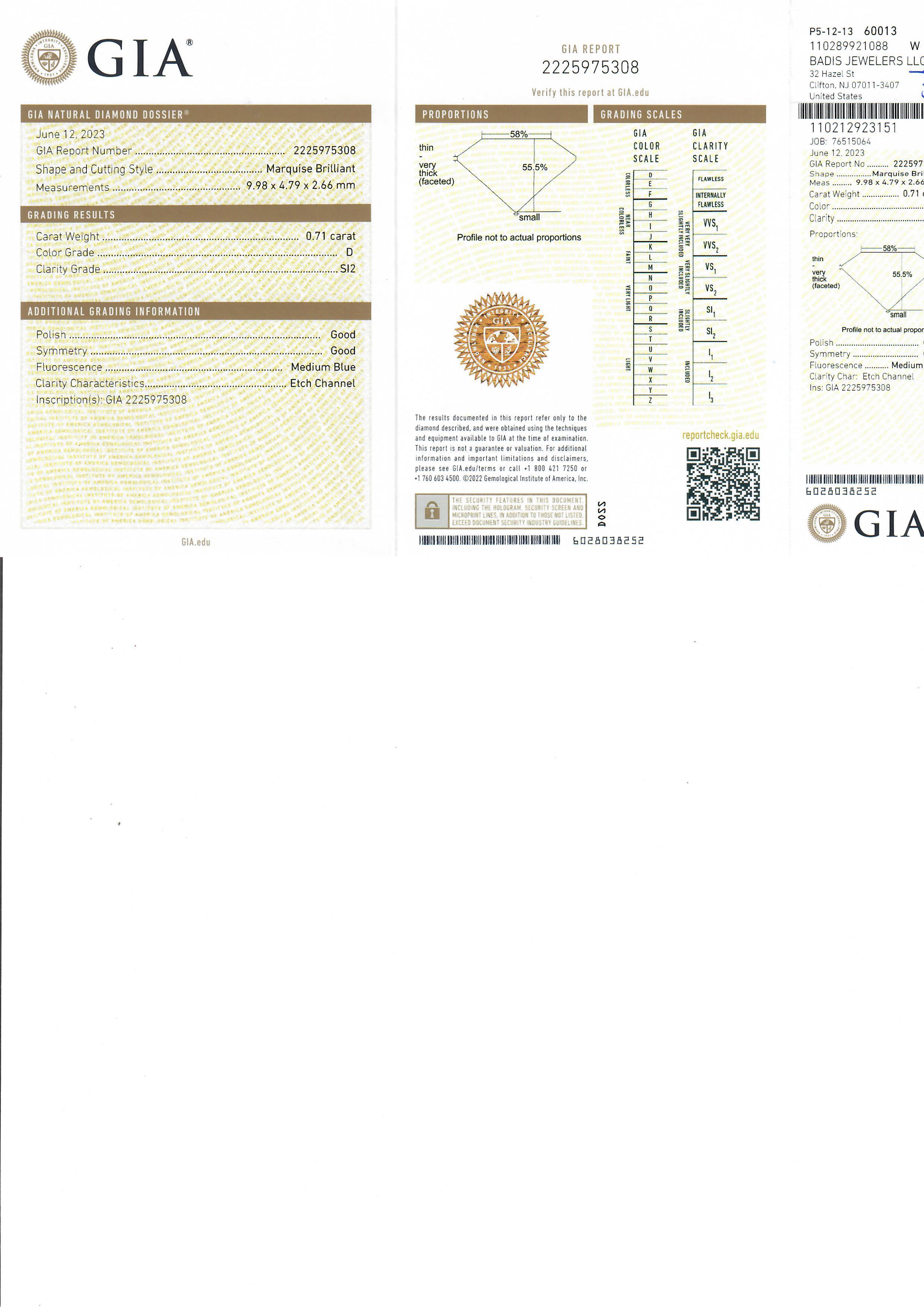 --Stone(s):--
(1) Natural Genuine Diamond - Marquise Cut - Bezel Set - D Color - SI2 Clarity - 0.71ct (exact - certified) - Long - Faces up Like 1ct
** See Certification Details Below for Complete Info **

Material: Solid 18k Yellow Gold
Weight: