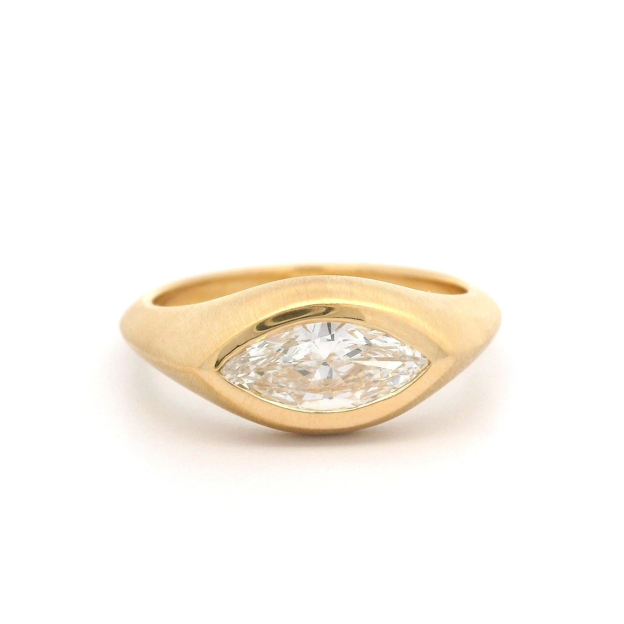 Marquise Cut New 18k Yellow Gold GIA 0.71ct Marquise Diamond Bezel Low Profile Matte Ring