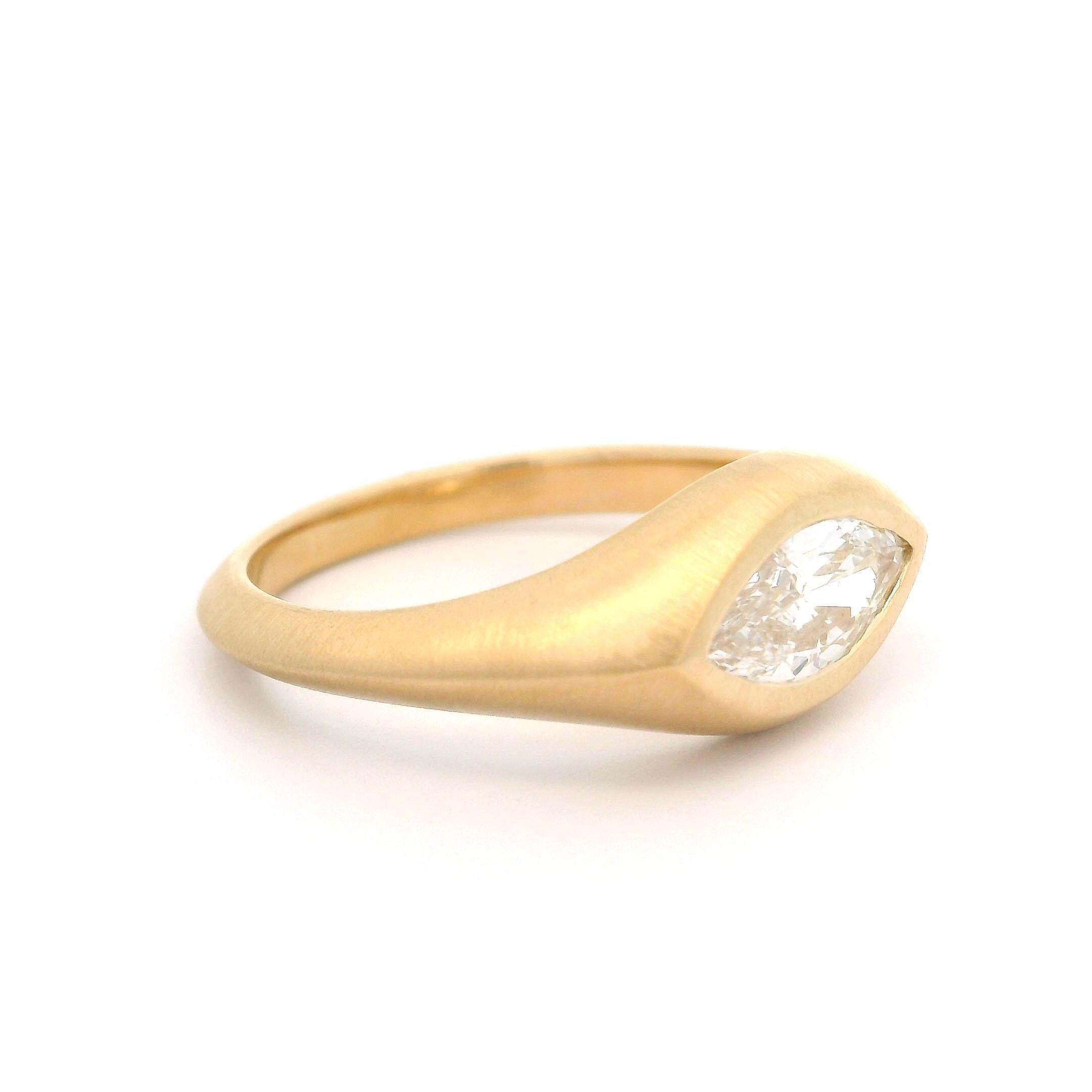 New 18k Yellow Gold GIA 0.71ct Marquise Diamond Bezel Low Profile Matte Ring In New Condition In Montclair, NJ