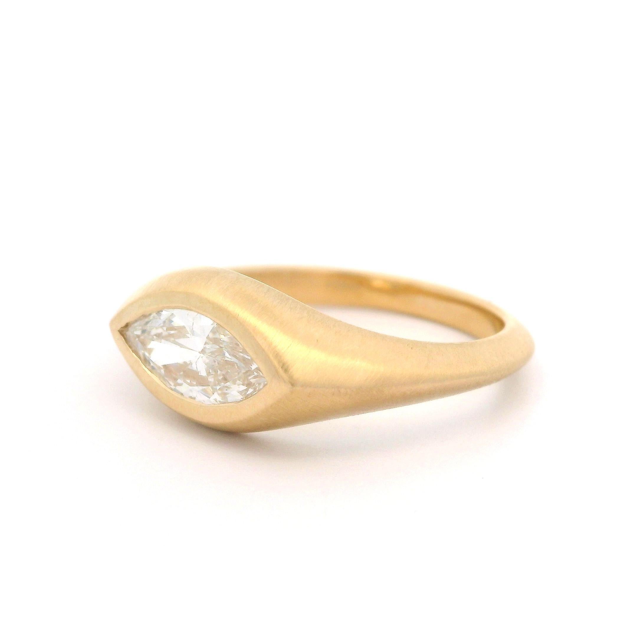 Women's New 18k Yellow Gold GIA 0.71ct Marquise Diamond Bezel Low Profile Matte Ring