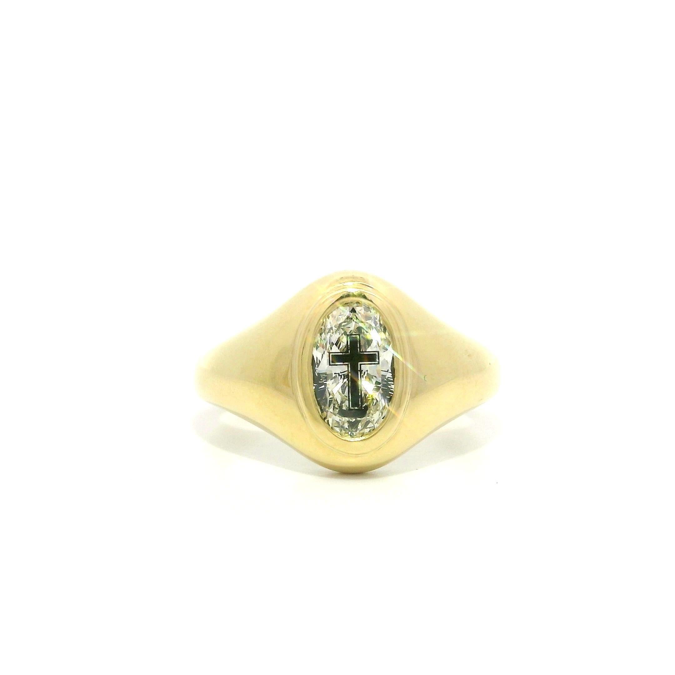 New 18k Yellow Gold GIA 1.01ct Etched Cross Oval Diamond Signet Style Ring in vendita 5
