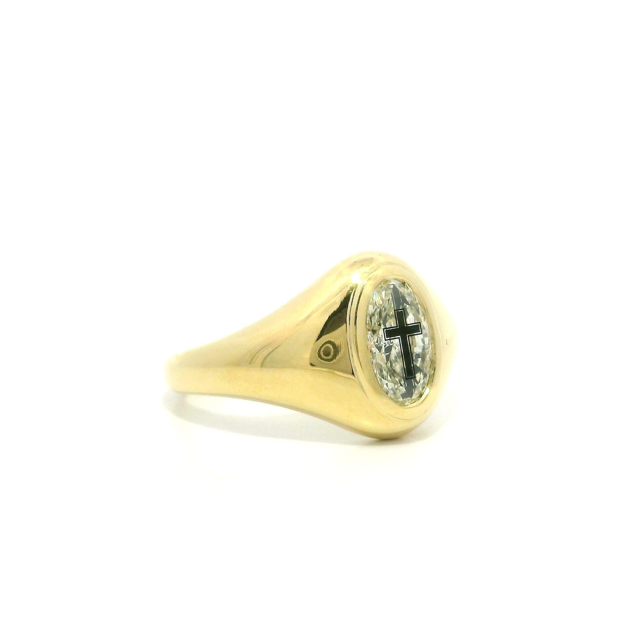 New 18k Yellow Gold GIA 1.01ct Etched Cross Oval Diamond Signet Style Ring in vendita 6