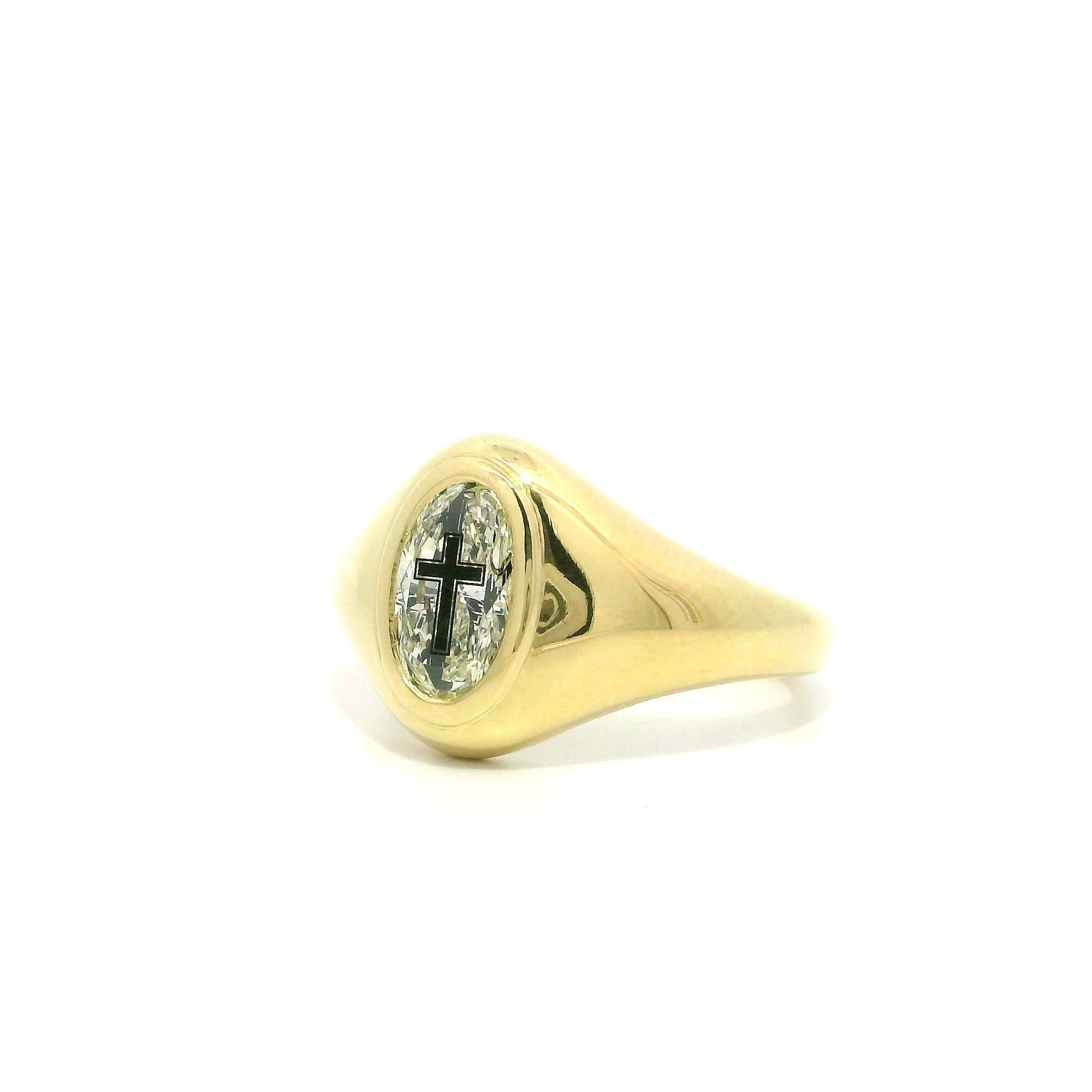 New 18k Yellow Gold GIA 1.01ct Etched Cross Oval Diamond Signet Style Ring in vendita 7