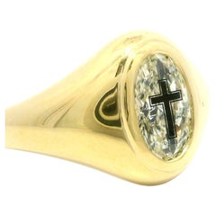 New 18k Yellow Gold GIA 1.01ct Etched Cross Oval Diamond Signet Style Ring
