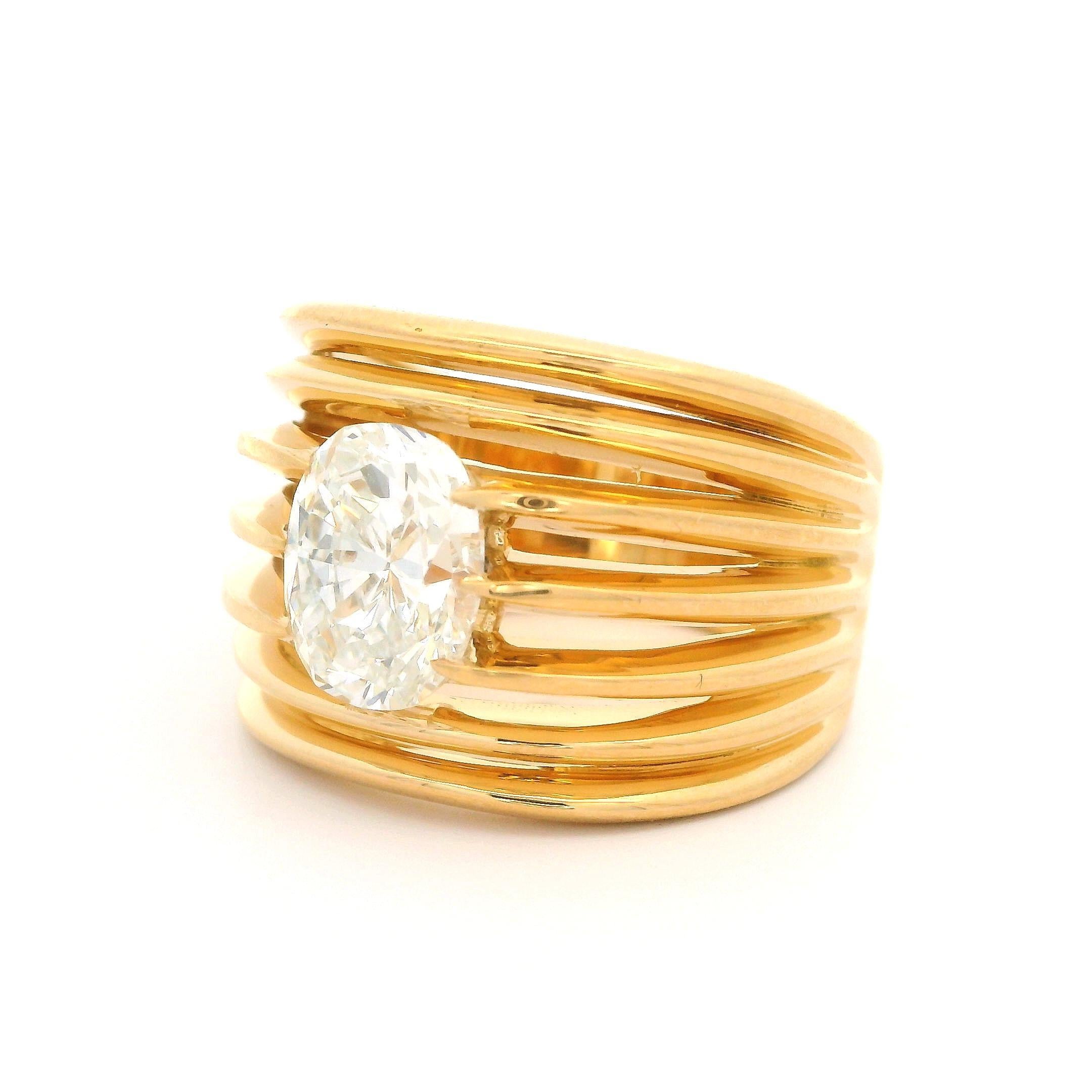 New 18k Yellow Gold GIA 2.03ct Oval G SI1 Floating Diamond Wide Open Work Ring For Sale 5