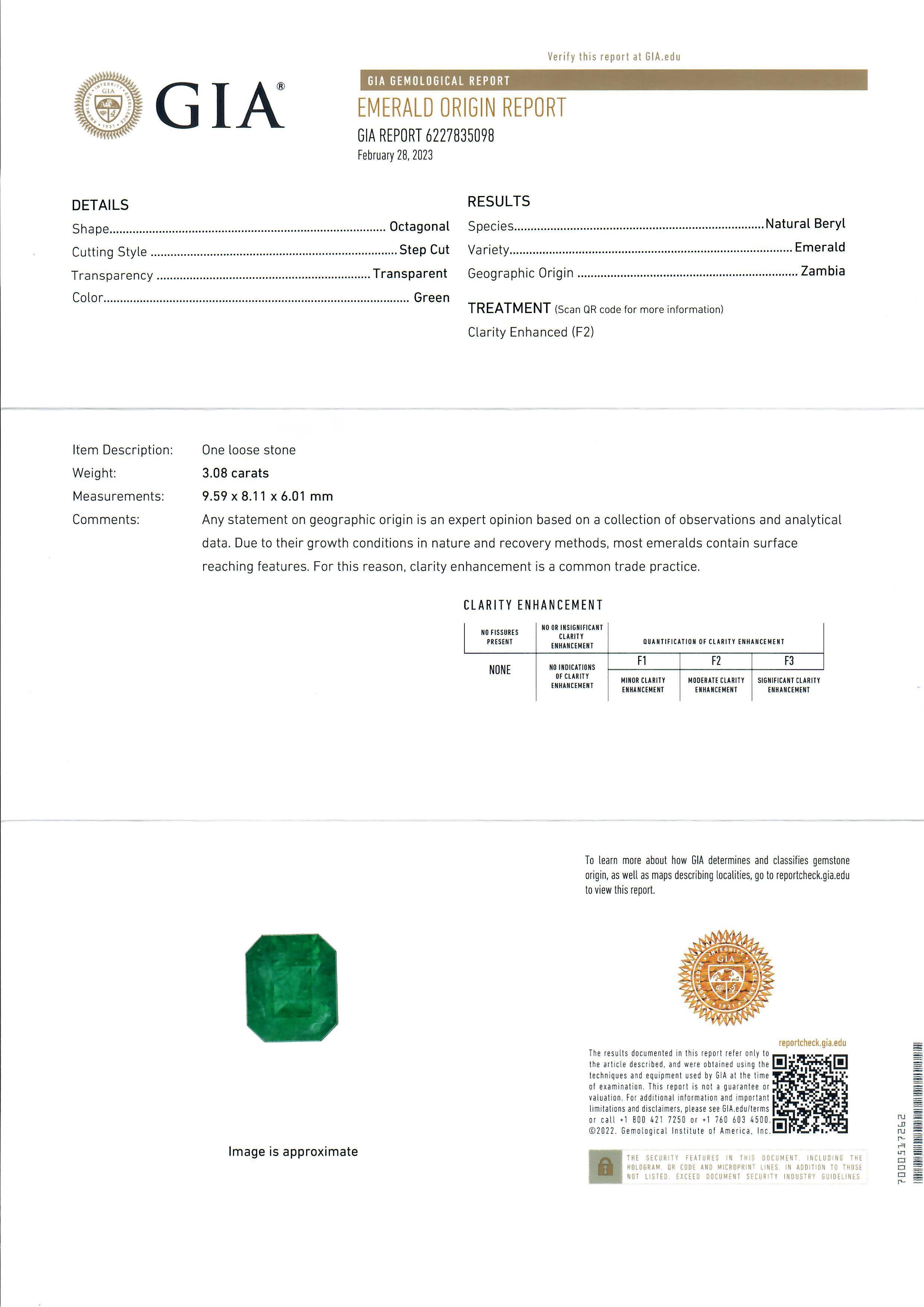 --Pierre(s) :...
(1) Émeraude véritable naturelle - taille octogonale - sertie - clarté F2 - couleur vert vif - 3.08ct (exacte, certifiée)
** Voir les détails de la certification ci-dessous pour des informations complètes 
(2) Diamants naturels