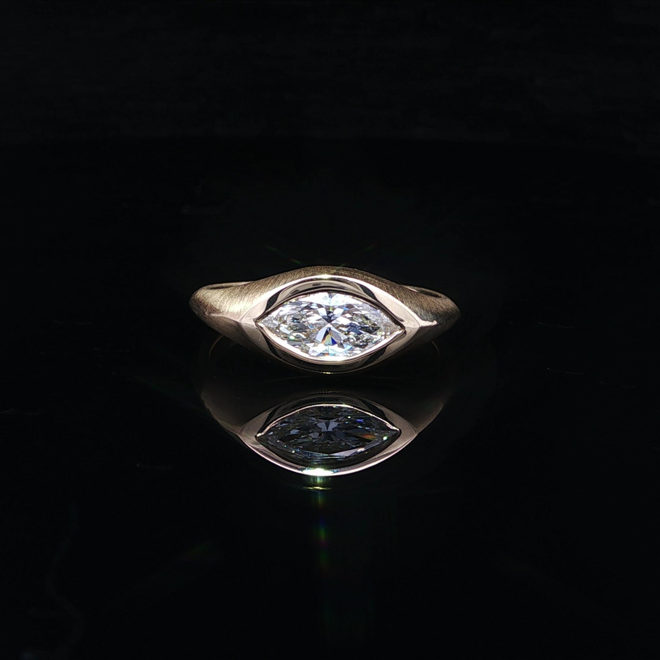 Donna New 18k Yellow Gold GIA .70ct Marquise Bezel Diamond Matte Finish E-W Ring in vendita