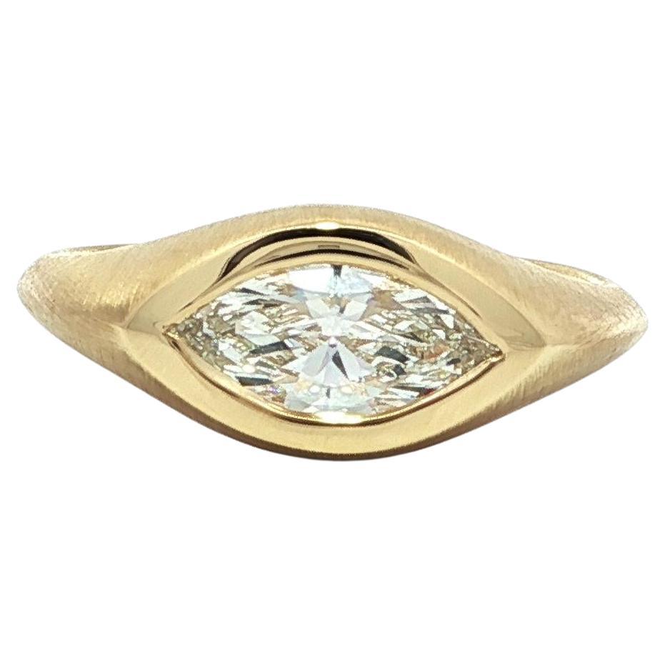 New 18k Yellow Gold GIA .70ct Marquise Bezel Diamond Matte Finish E-W Ring in vendita
