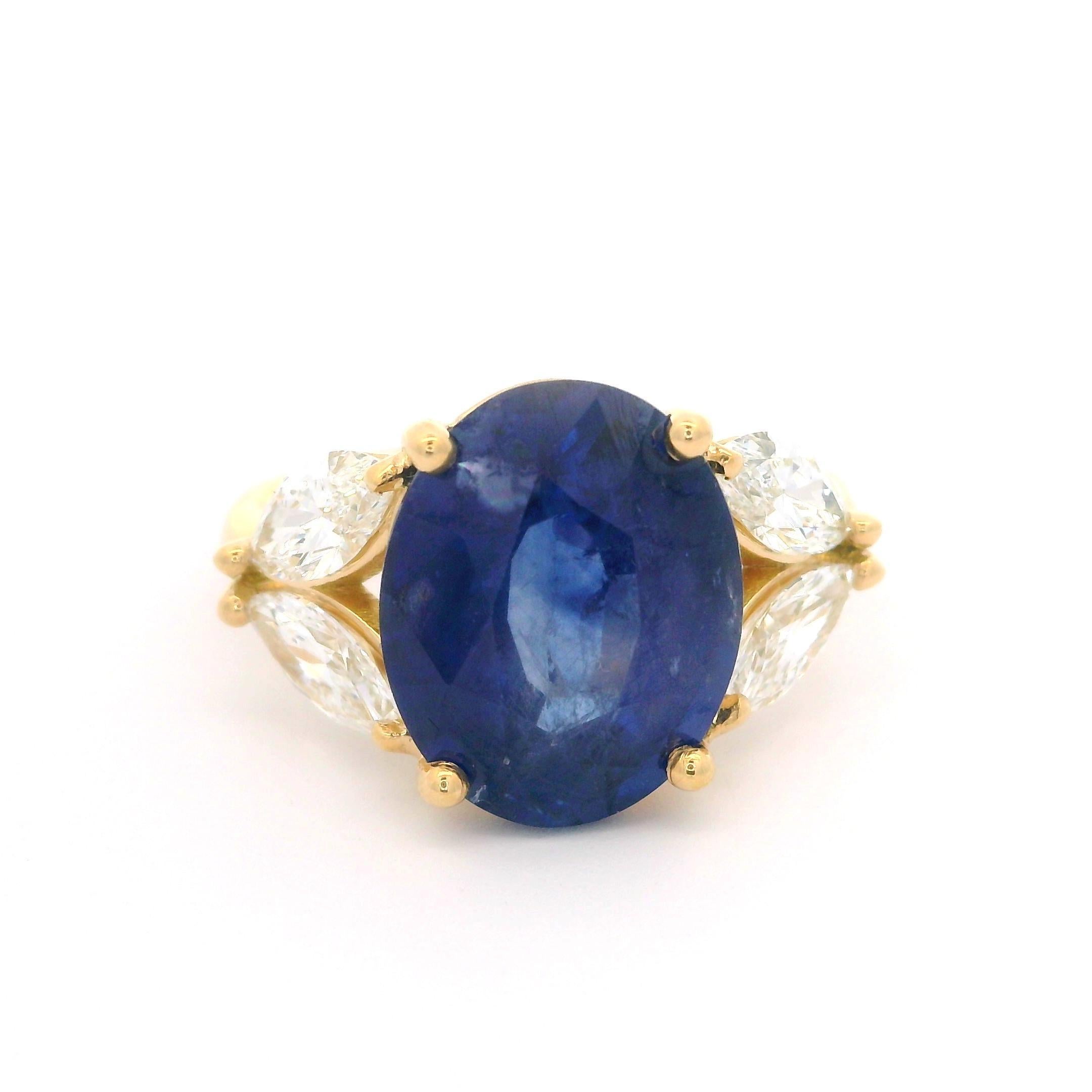 Bague élégante en or jaune 18 carats, certifiée GIA, saphir ovale et diamant marquise 7,74 carats en vente 8