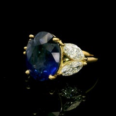 New 18k Yellow Gold GIA 7.74ctw Oval Sapphire & Marquise Diamond Elegant Ring