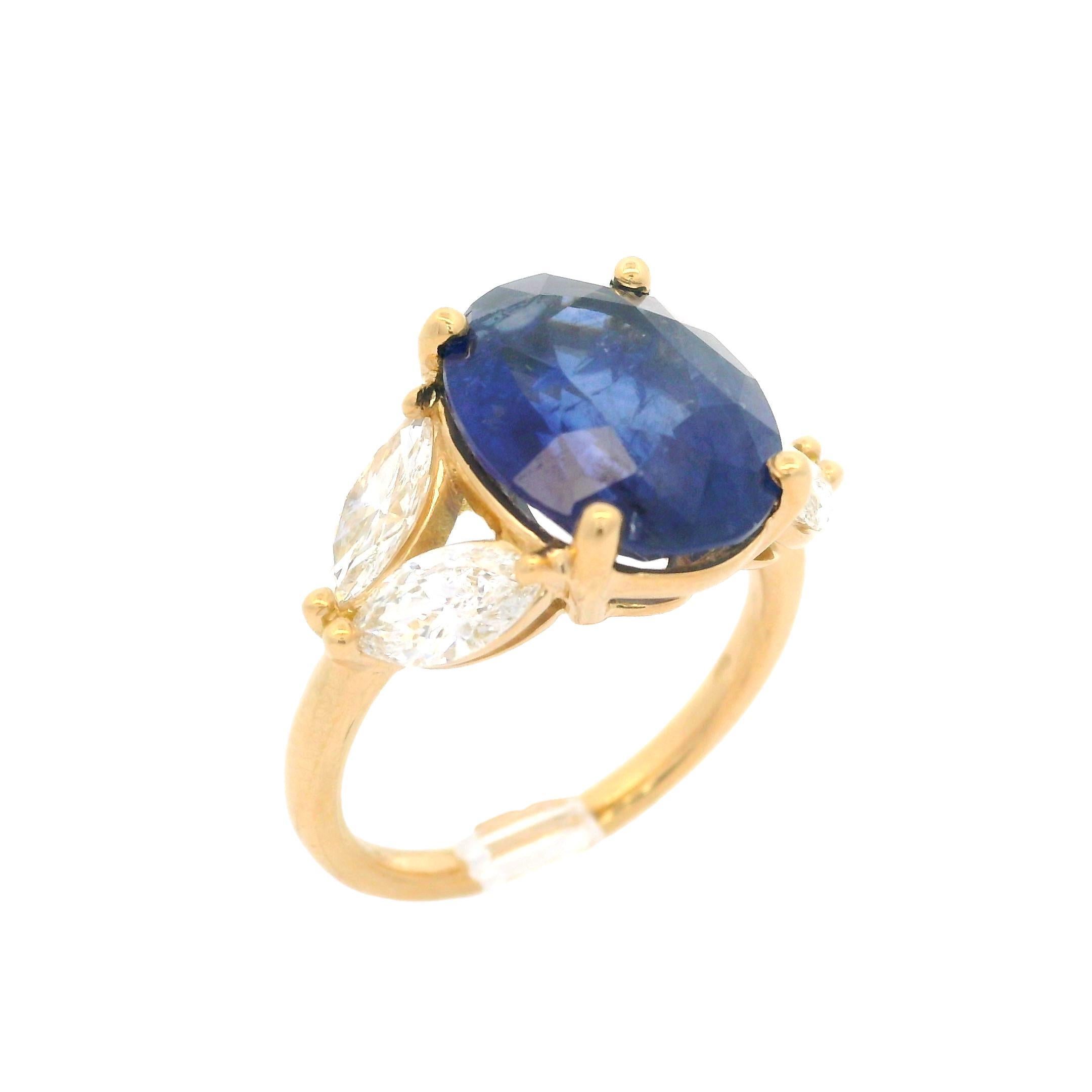 Bague élégante en or jaune 18 carats, certifiée GIA, saphir ovale et diamant marquise 7,74 carats en vente 4
