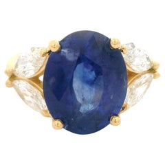 New 18k Yellow Gold GIA 7.74ctw Oval Sapphire & Marquise Diamond Elegant Ring