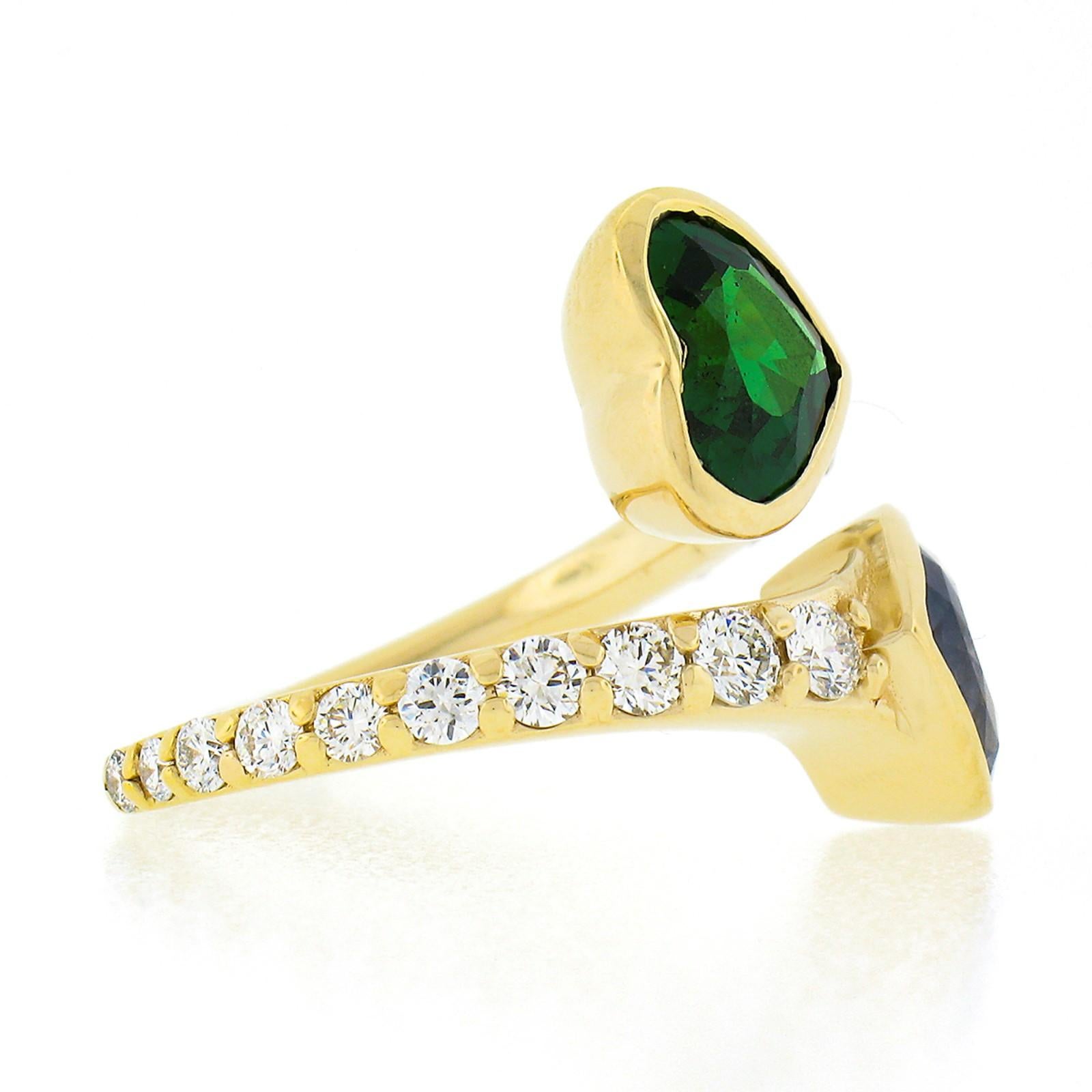 Heart Cut New 18K Yellow Gold GIA Bezel Heart Sapphire & Tsavorite W/ Diamond Bypass Ring For Sale