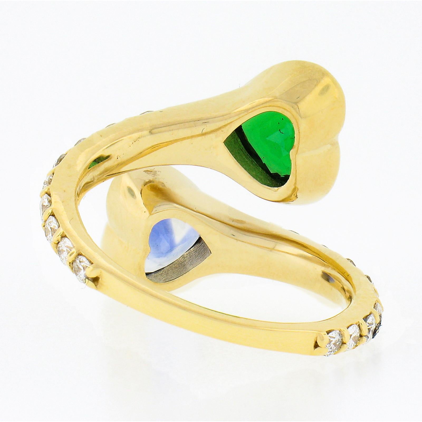 Women's New 18K Yellow Gold GIA Bezel Heart Sapphire & Tsavorite W/ Diamond Bypass Ring For Sale