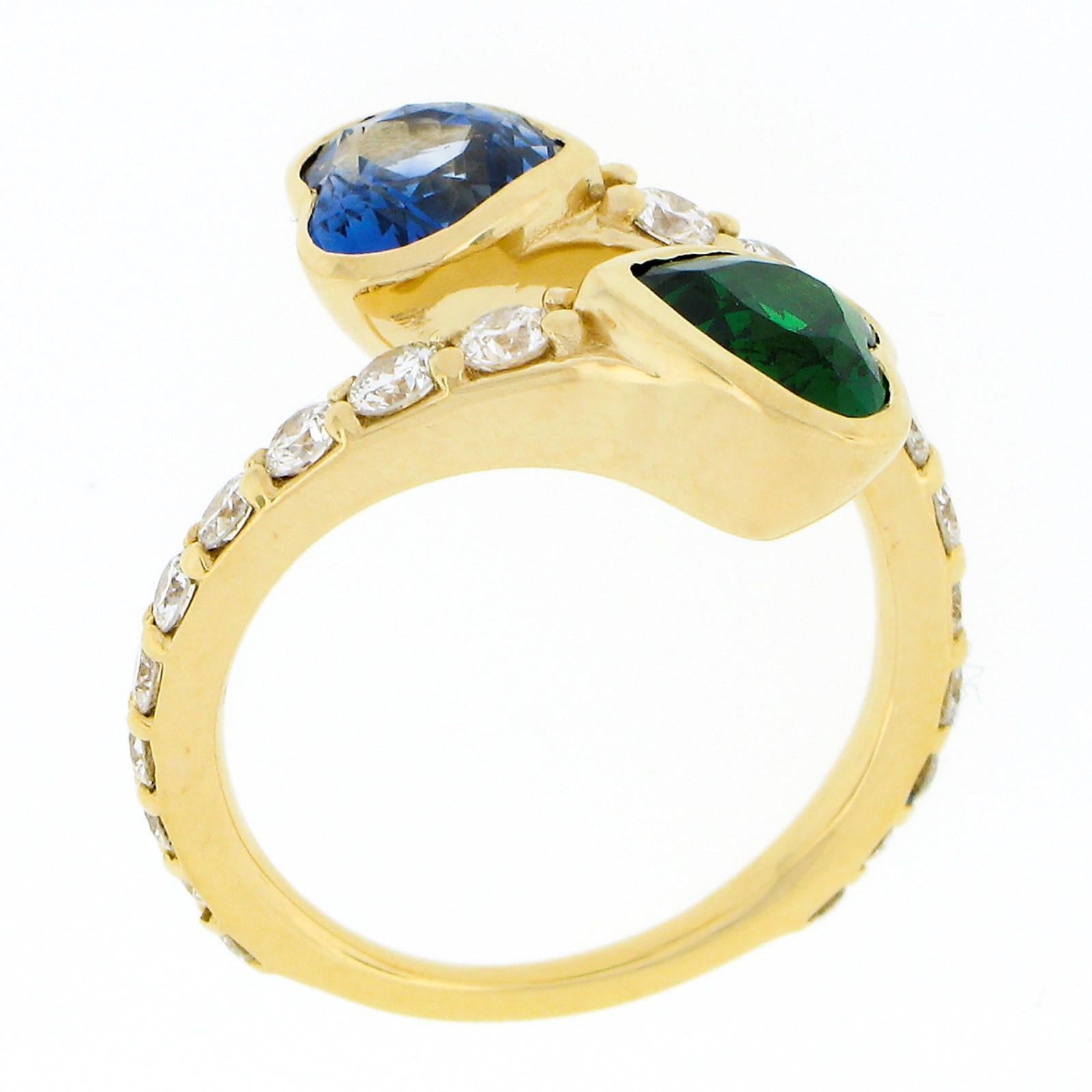 New 18K Yellow Gold GIA Bezel Heart Sapphire & Tsavorite W/ Diamond Bypass Ring For Sale 1