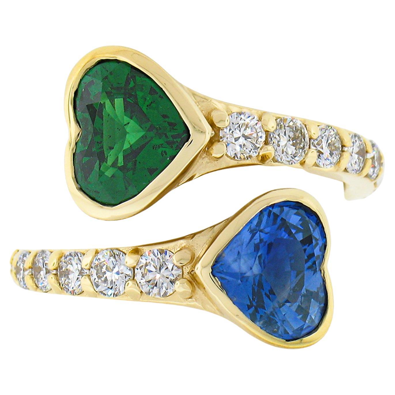 New 18K Yellow Gold GIA Bezel Heart Sapphire & Tsavorite W/ Diamond Bypass Ring