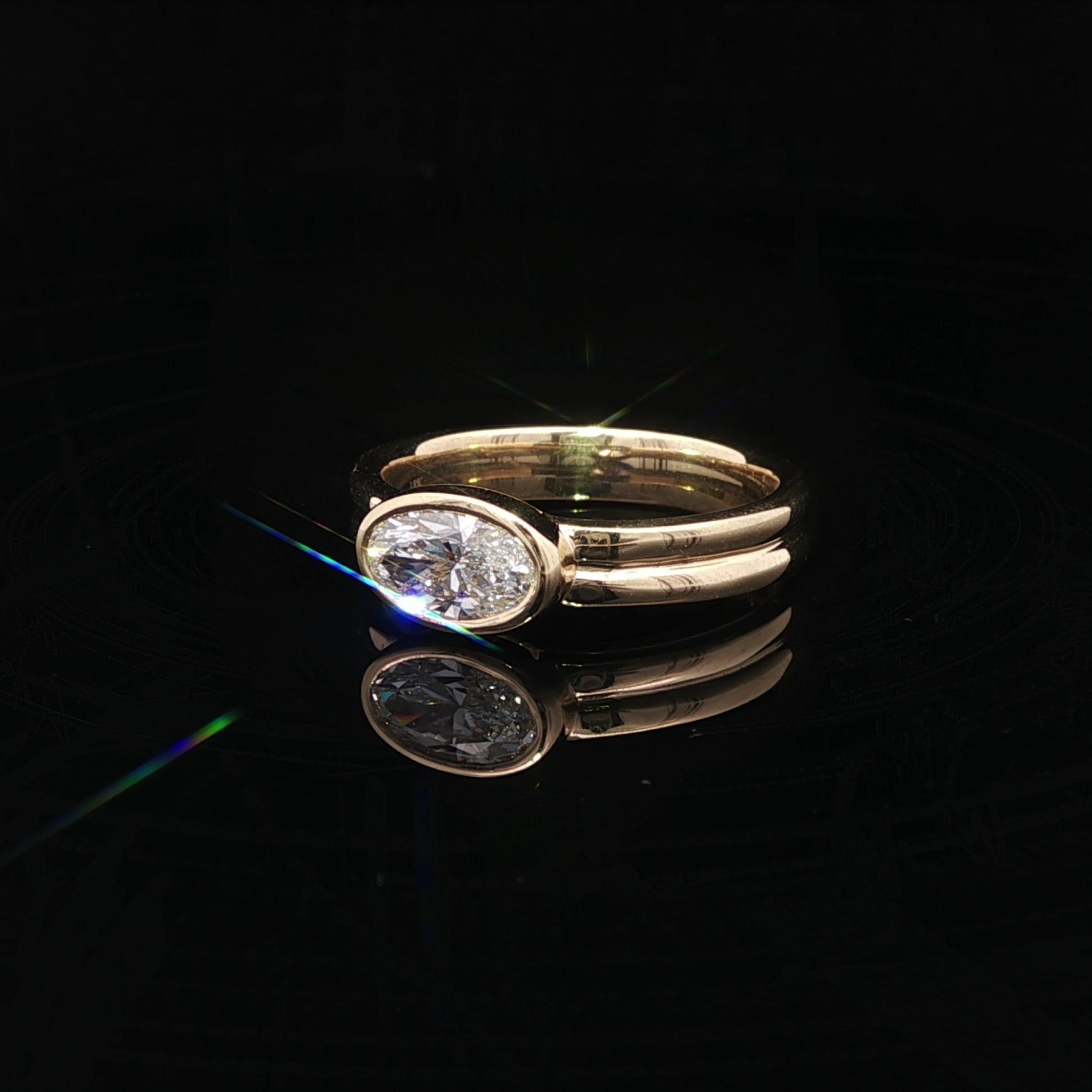 New 18k Yellow Gold GIA D VVS2 0.79ct Oval Diamond East West Bezel Band Ring in vendita 5