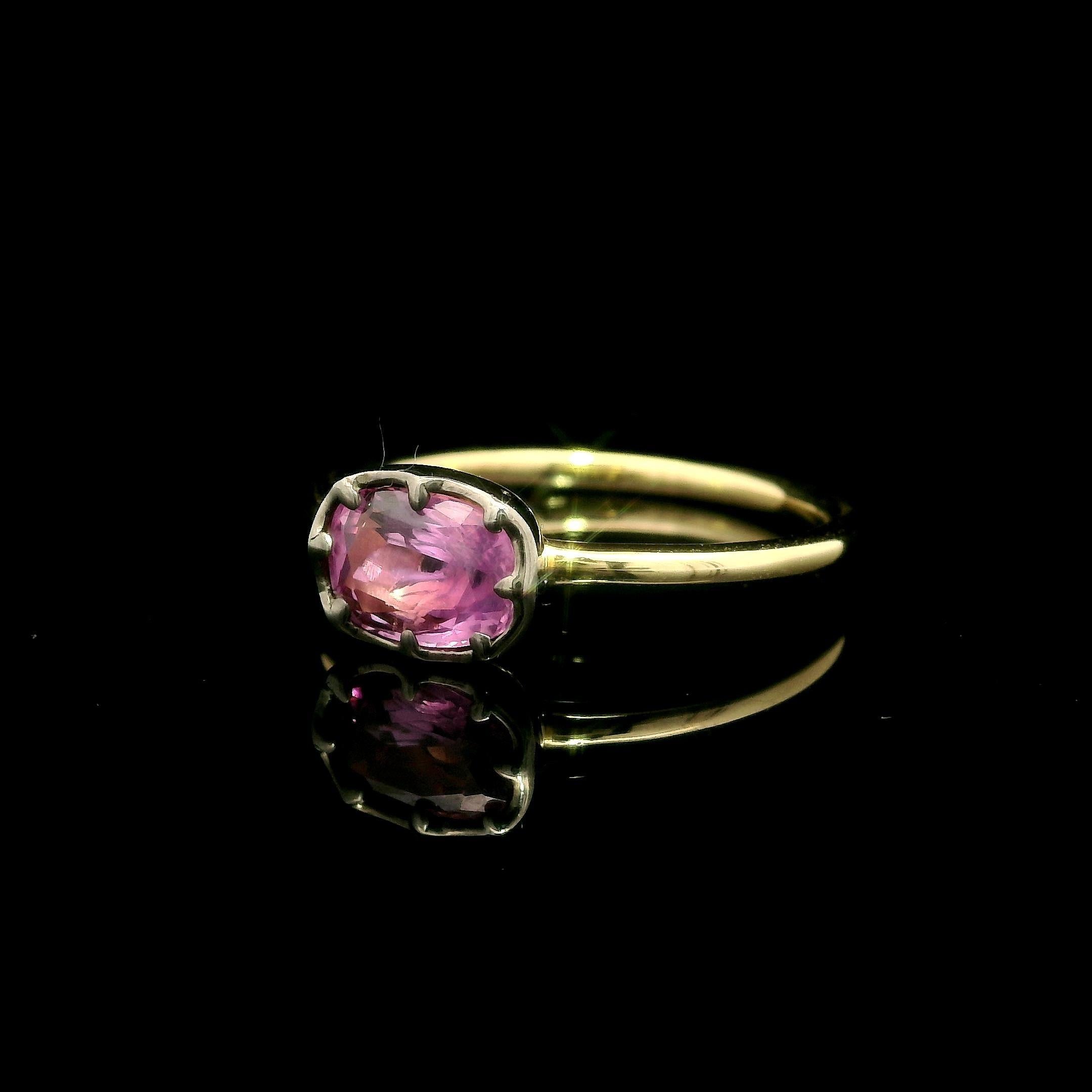 New 18k Gelbgold mit Silber GIA 0,93ct Collet Set rosa Saphir Solitär Ring im Angebot 5