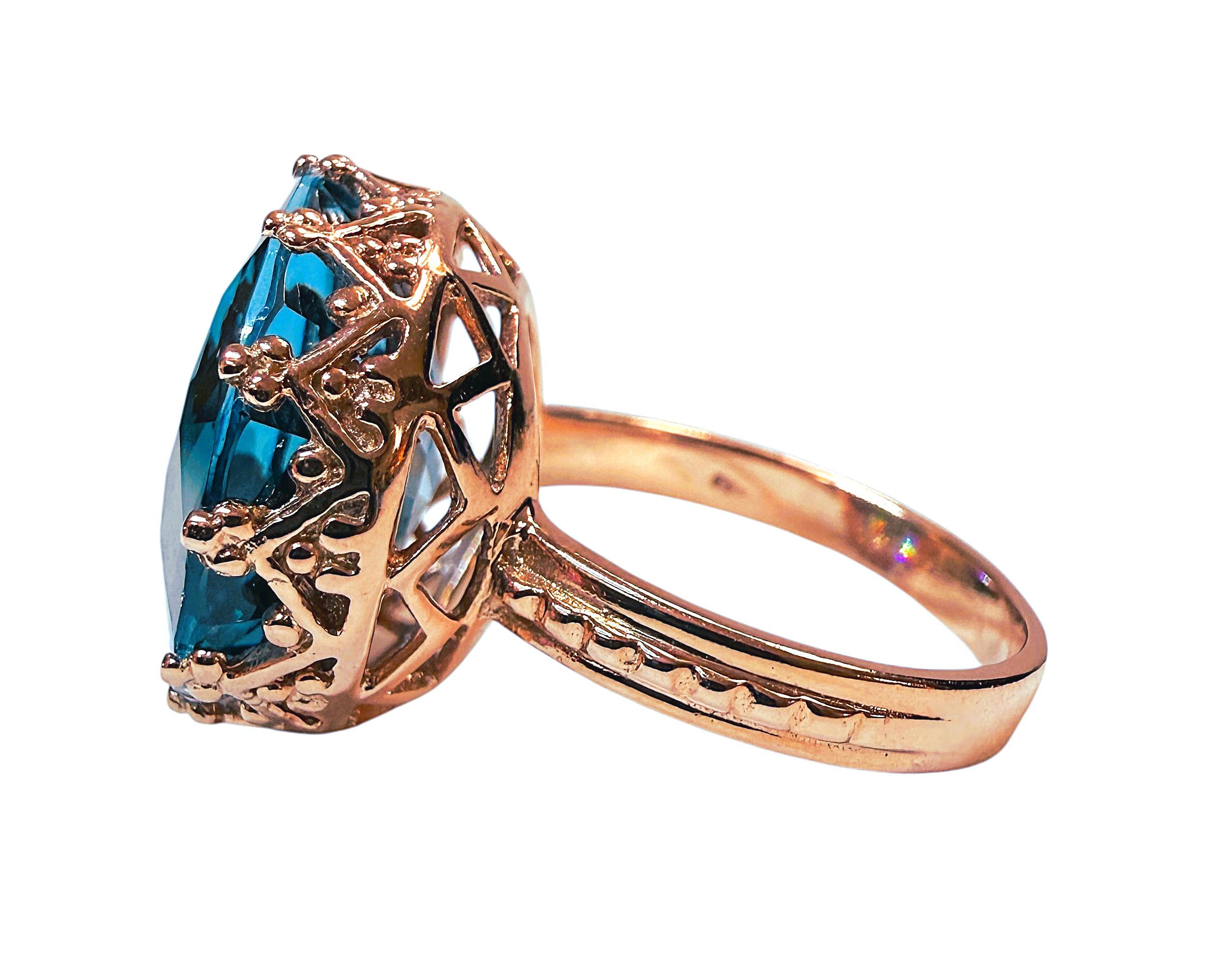Nueva Aguamarina Azul Océano de 19 Quilates en Engaste Corona de Diamantes R Anillo de Oro de Ley Art Decó en venta
