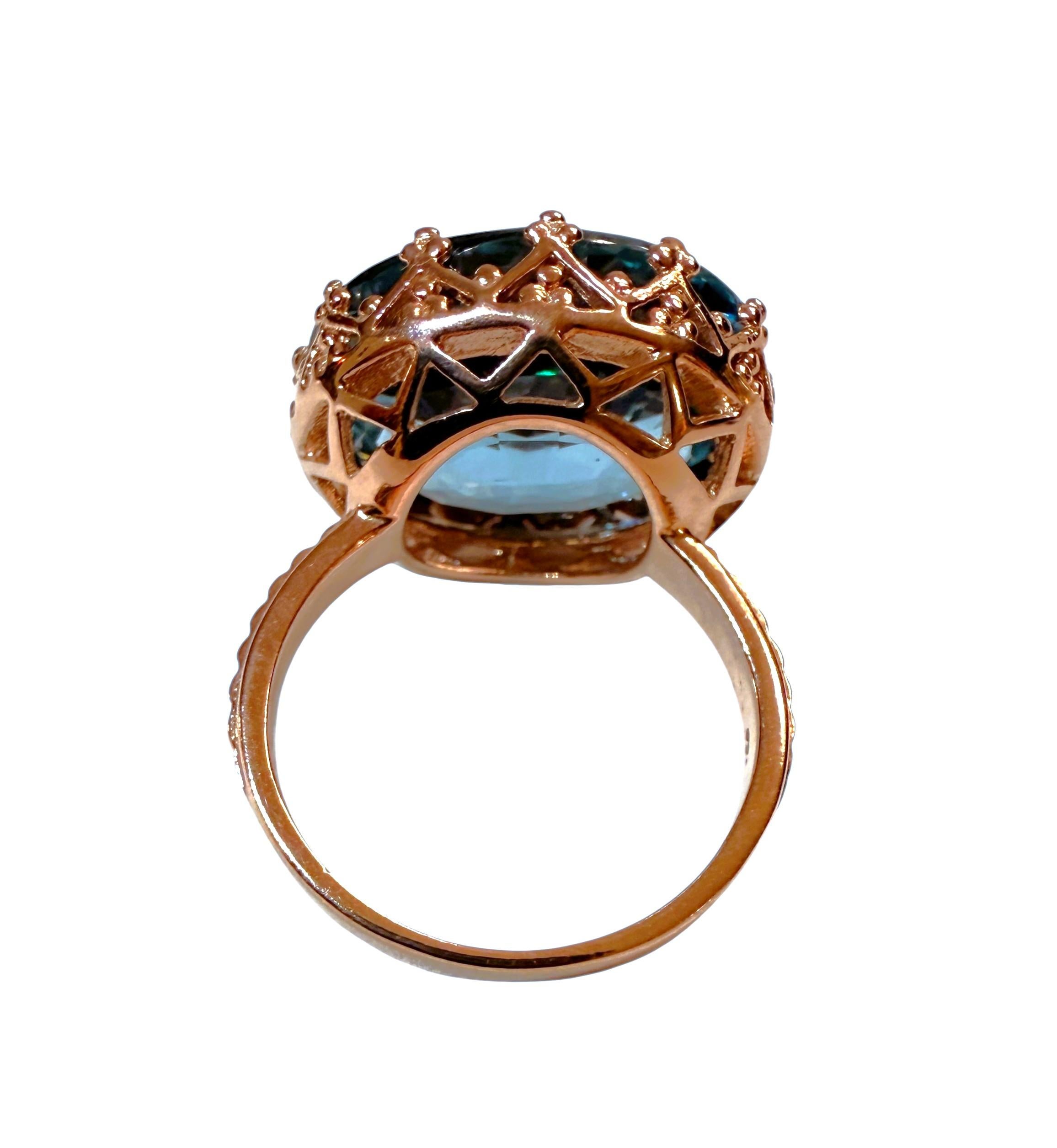 Nueva Aguamarina Azul Océano de 19 Quilates en Engaste Corona de Diamantes R Anillo de Oro de Ley Corte oval en venta