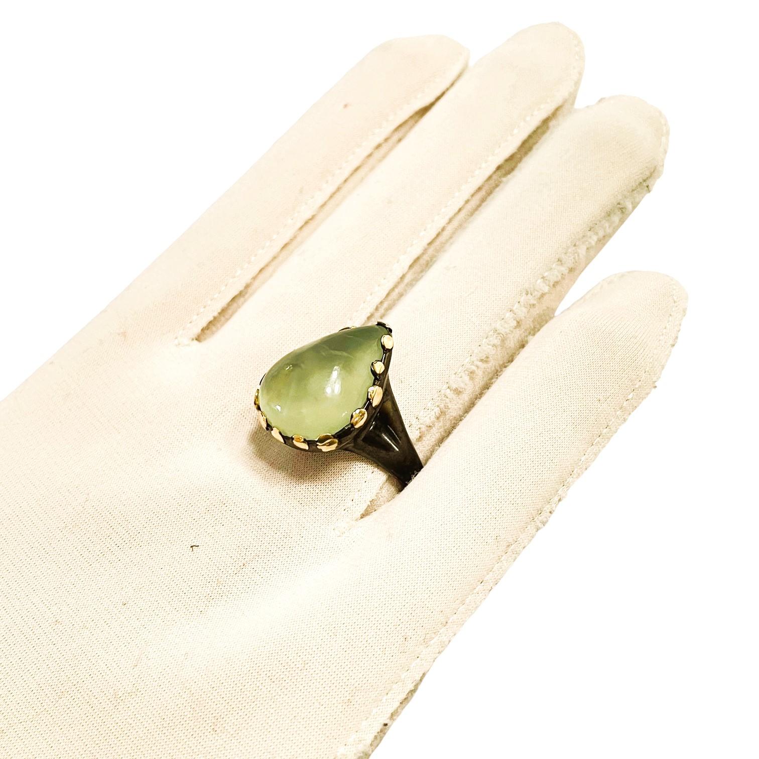 New 19 Ct Natural Green Prehnite 14k Yellow Gold and Oxi-black Sterling Ring 5